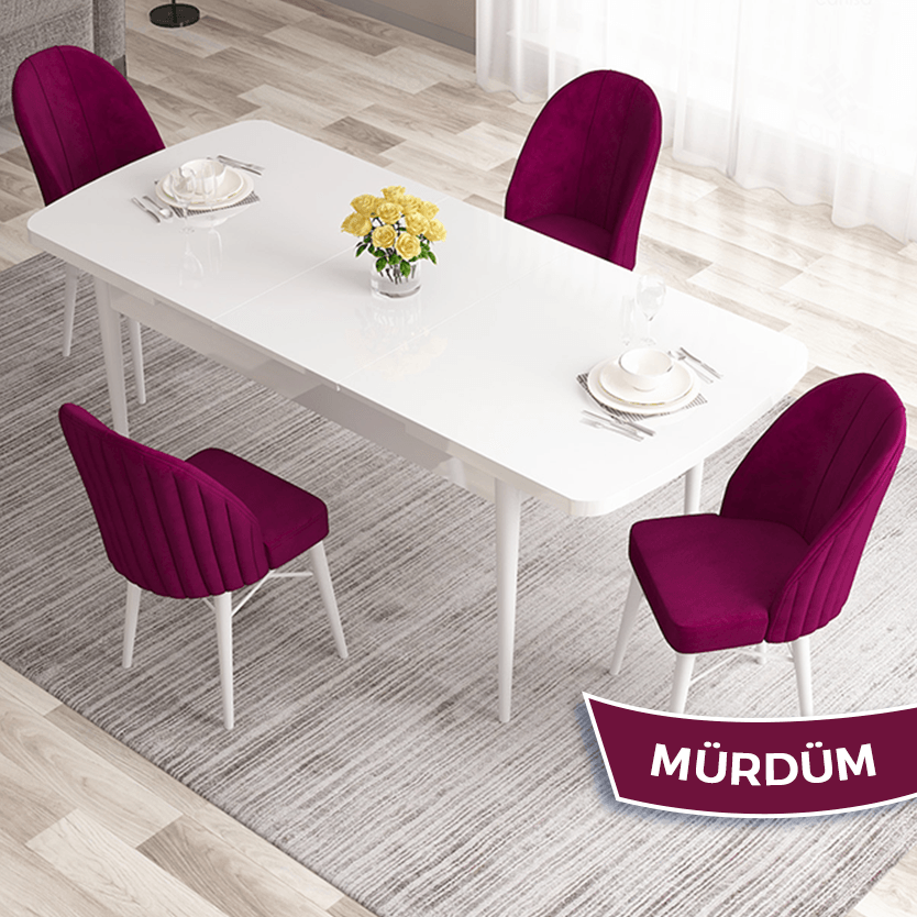 Ves Serisi 80x132 Açılabilir Mdf Beyaz Masa Takımı Ve 4 Sandalye