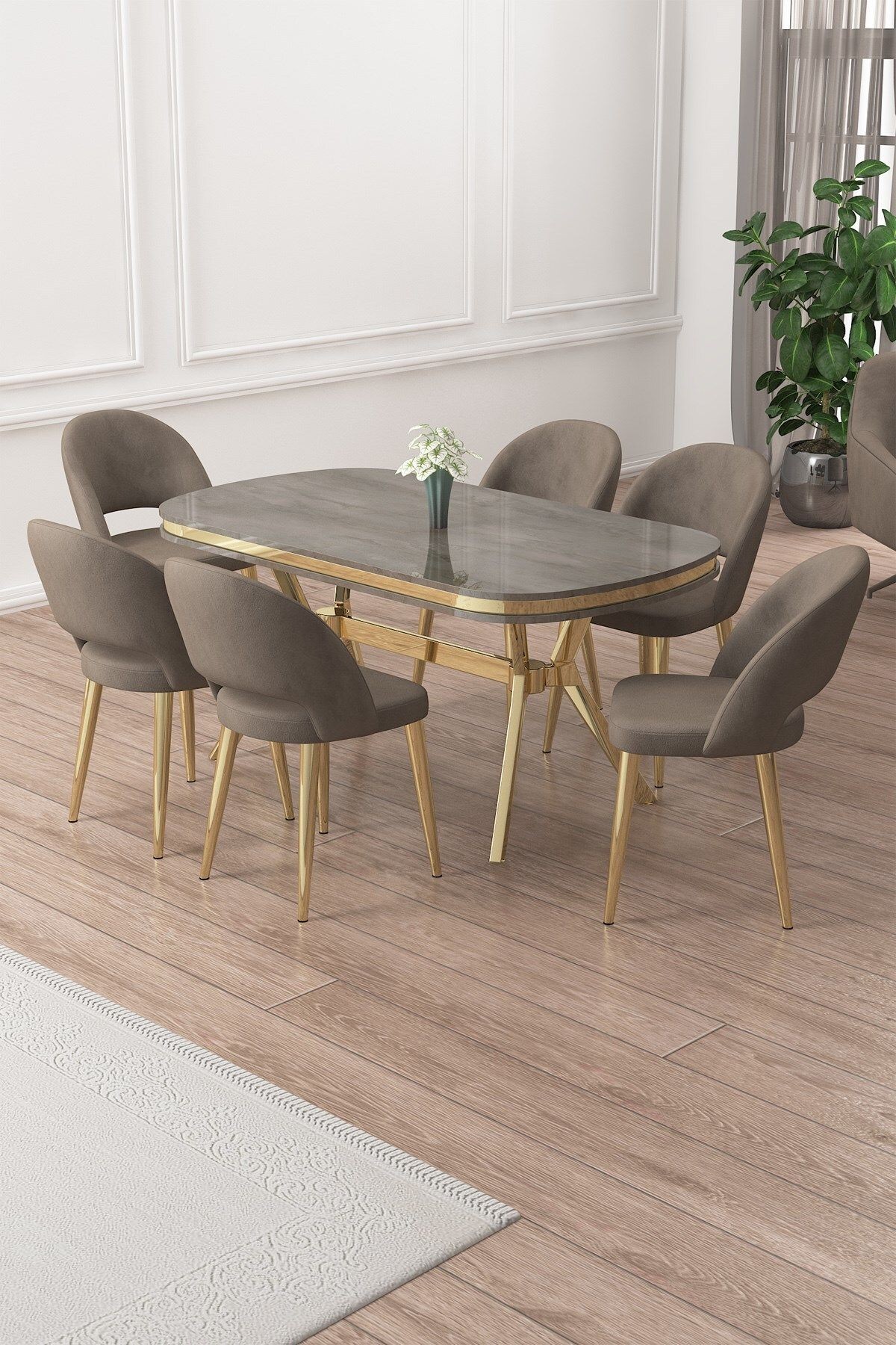 Jita Serisi 90x168 Lak Panel Antrasit İroni Masa ve 6 Sandalye Gold Kaplama Ayak