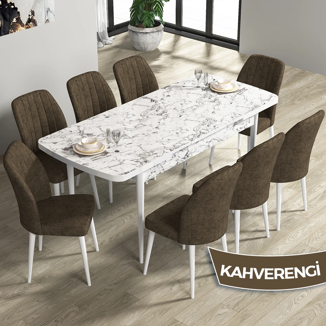 Beyaz Mermer Desen Masa Kahve Renk Sandalye