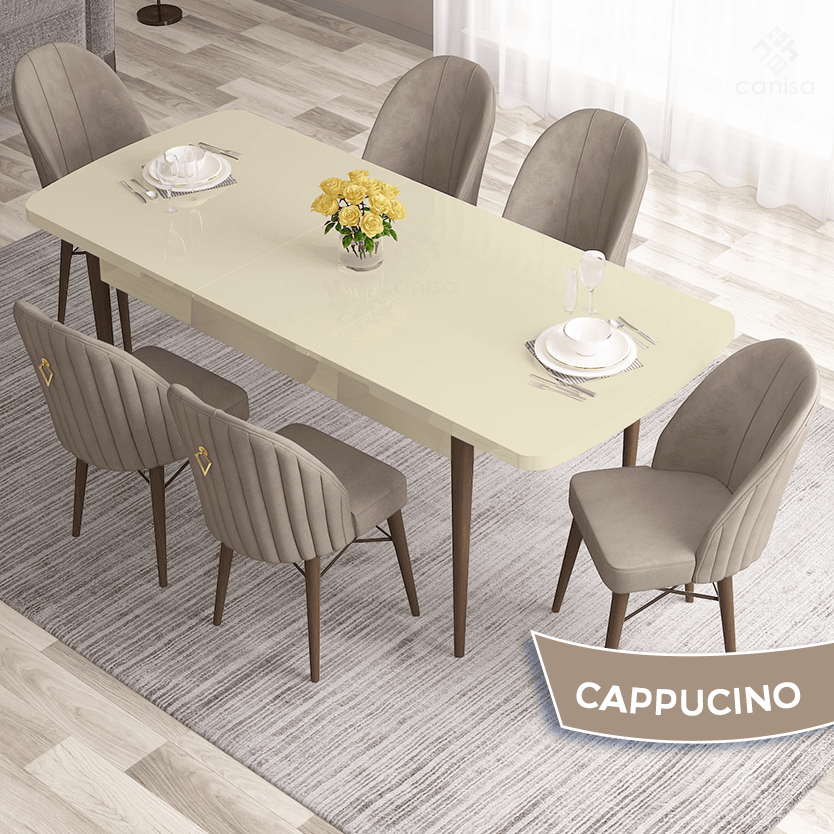 Roz Serisi 80x132 Mdf Açılabilir Gold Halka Krem Masa Ceviz Ayak Masa Takımı Ve 6 Sandalye