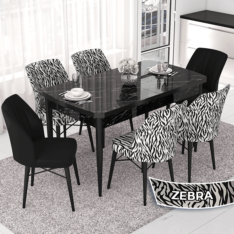masa siyah mermer sandalye 4 zebra 2 siyah