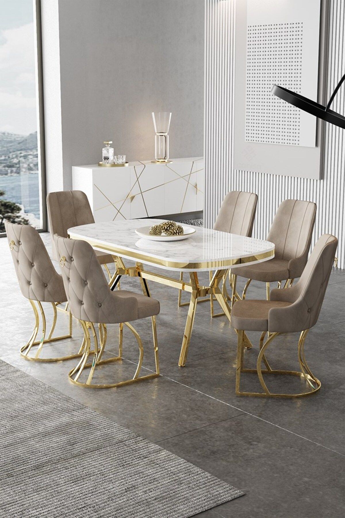 Sandalye Cappucino Masa Beyaz Mermer Desen