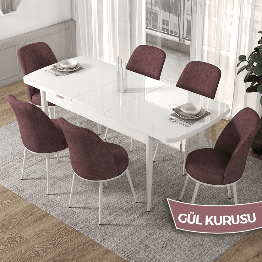 Via Serisi 80x132 Açılabilir Beyaz Masa Takımı ve 6 Sandalye