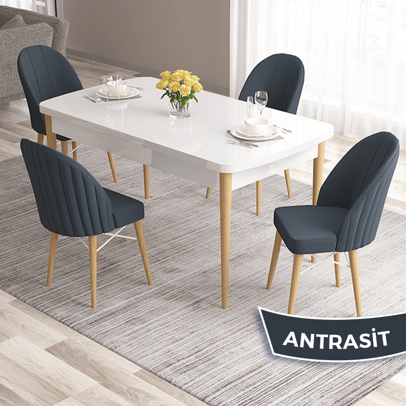 masa beyaz doğal ahşap ayak sandalye antrasit