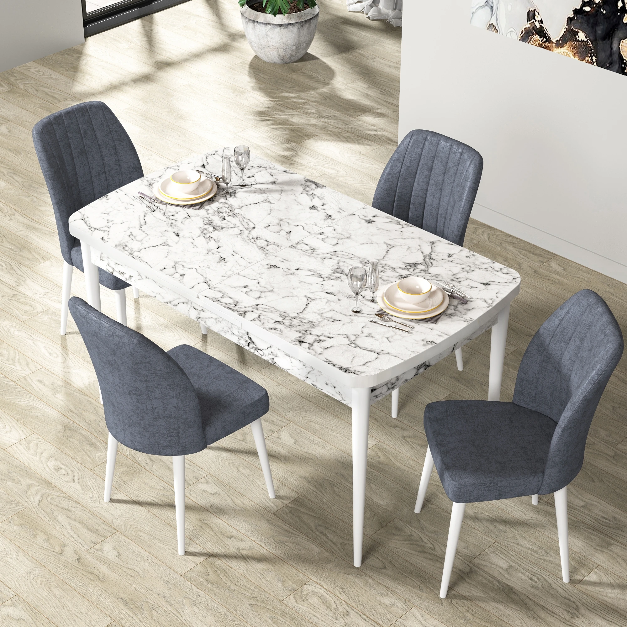 masa beyaz mermer sandalyeler füme