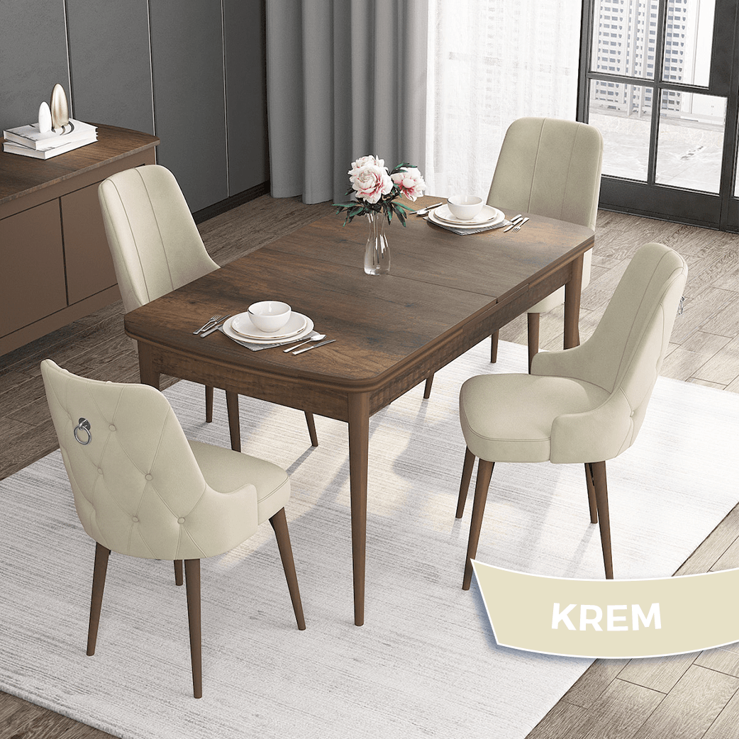 Krem Sandalye Barok Ahşap Desen Masa