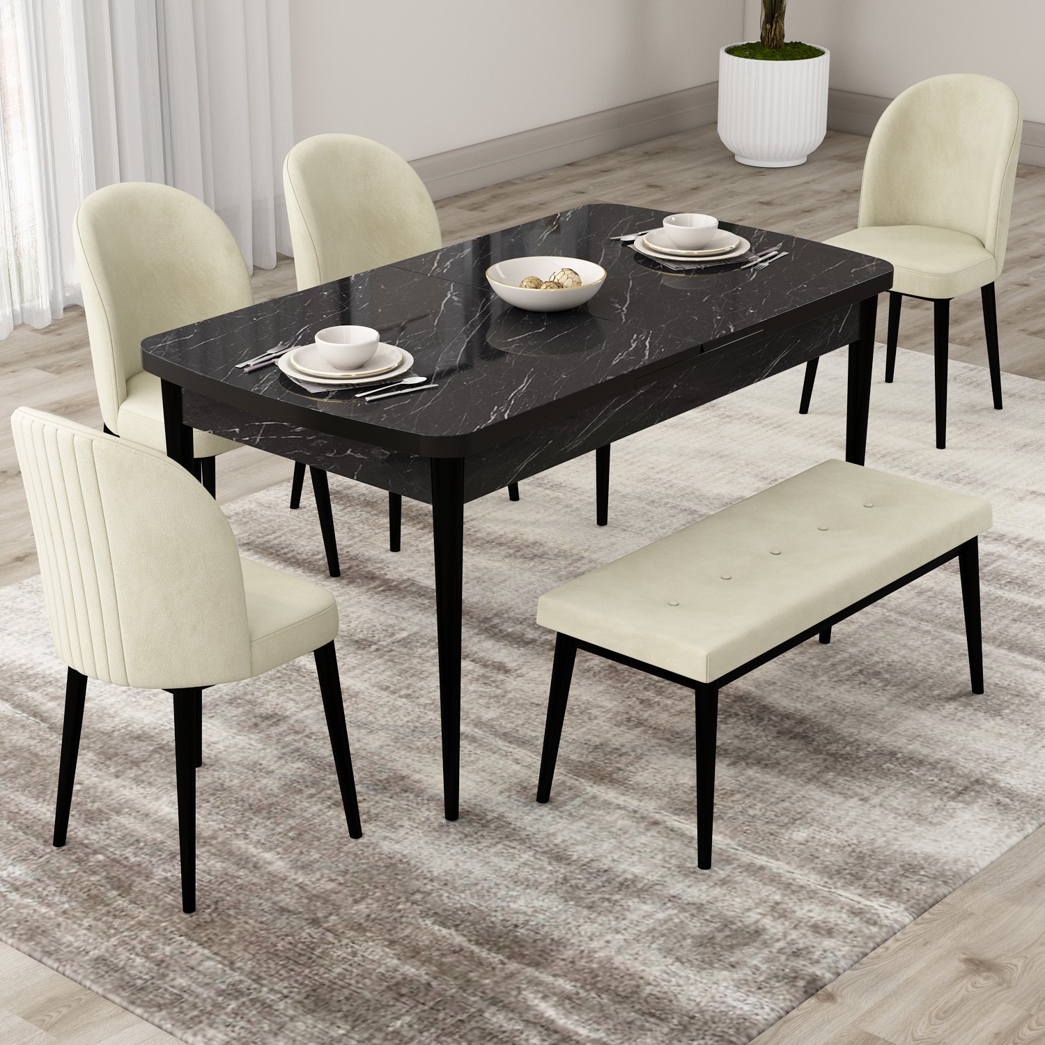 Roe Serisi 80x132 Açılabilir Siyah Mermer Desen Masa Takımı 4 Sandalye Ve 1 Bench