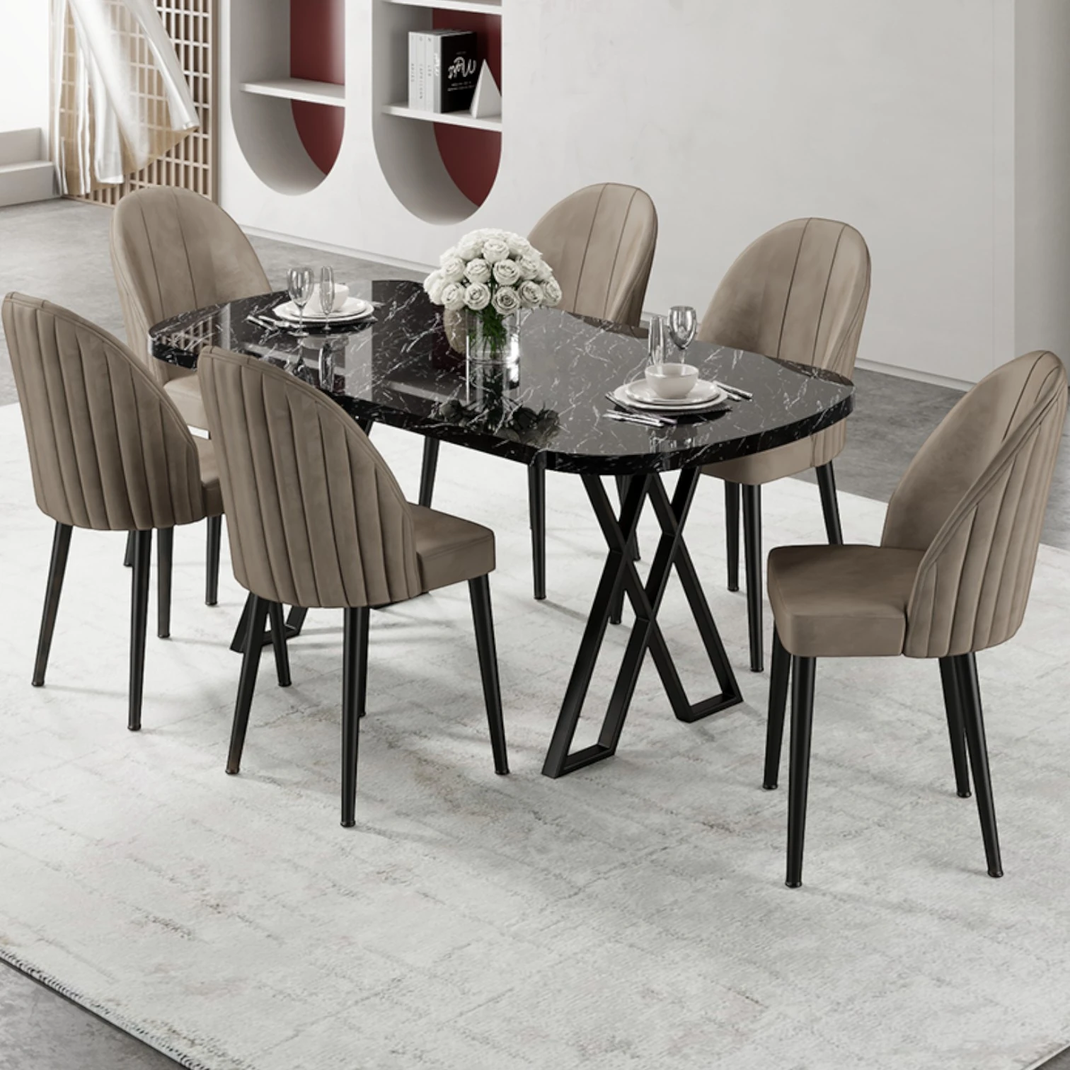 Siyah Mermer Desen Masa Cappucino Sandalye