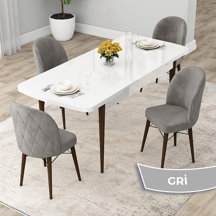 Rut Serisi 80x132 Açılabilir Beyaz Masa Ceviz Ayak Masa Takımı Ve 4 Sandalye