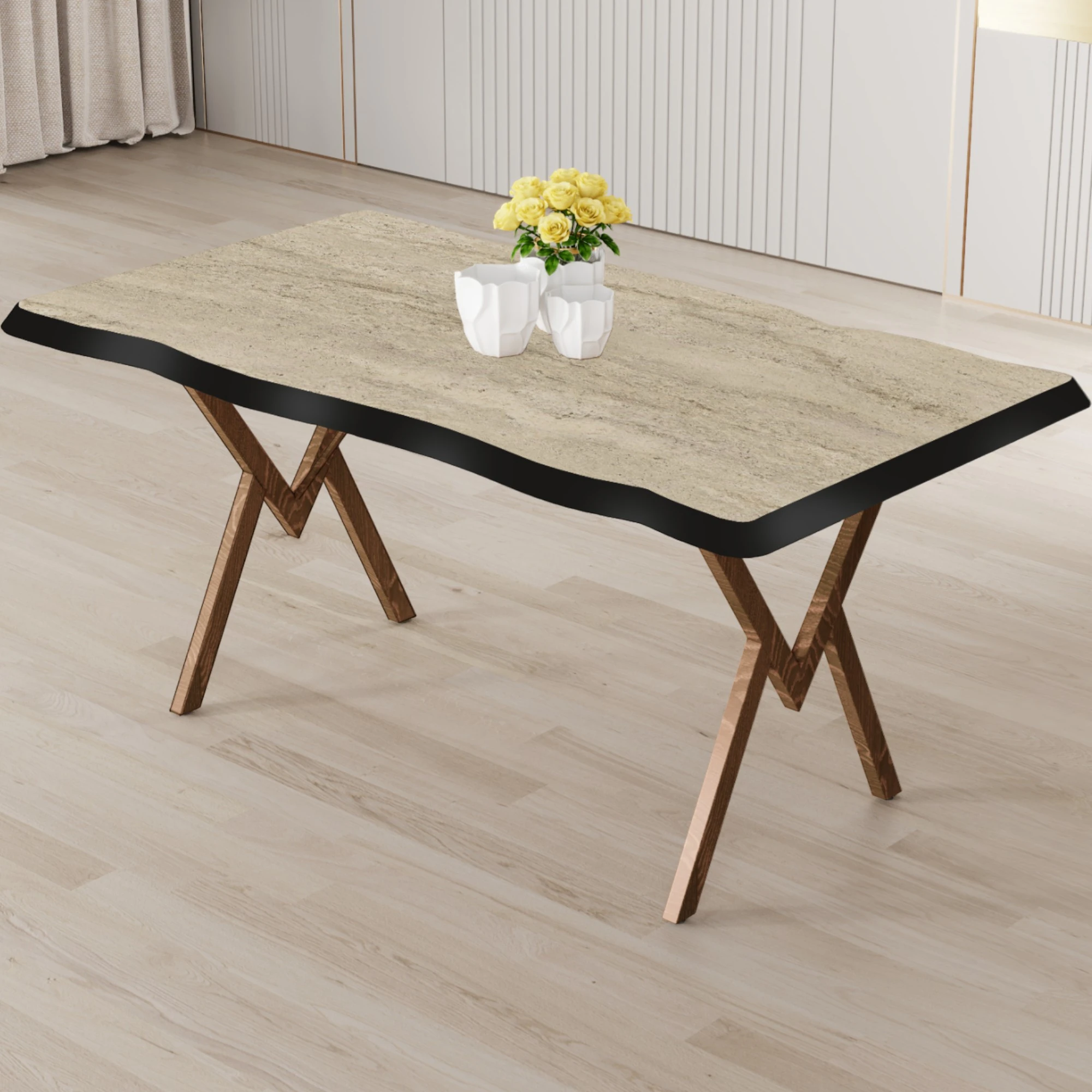 Akort Serisi MDF Sabit 80x130 Traverten Mutfak Masa Takımı 4 Siyah Sandalye