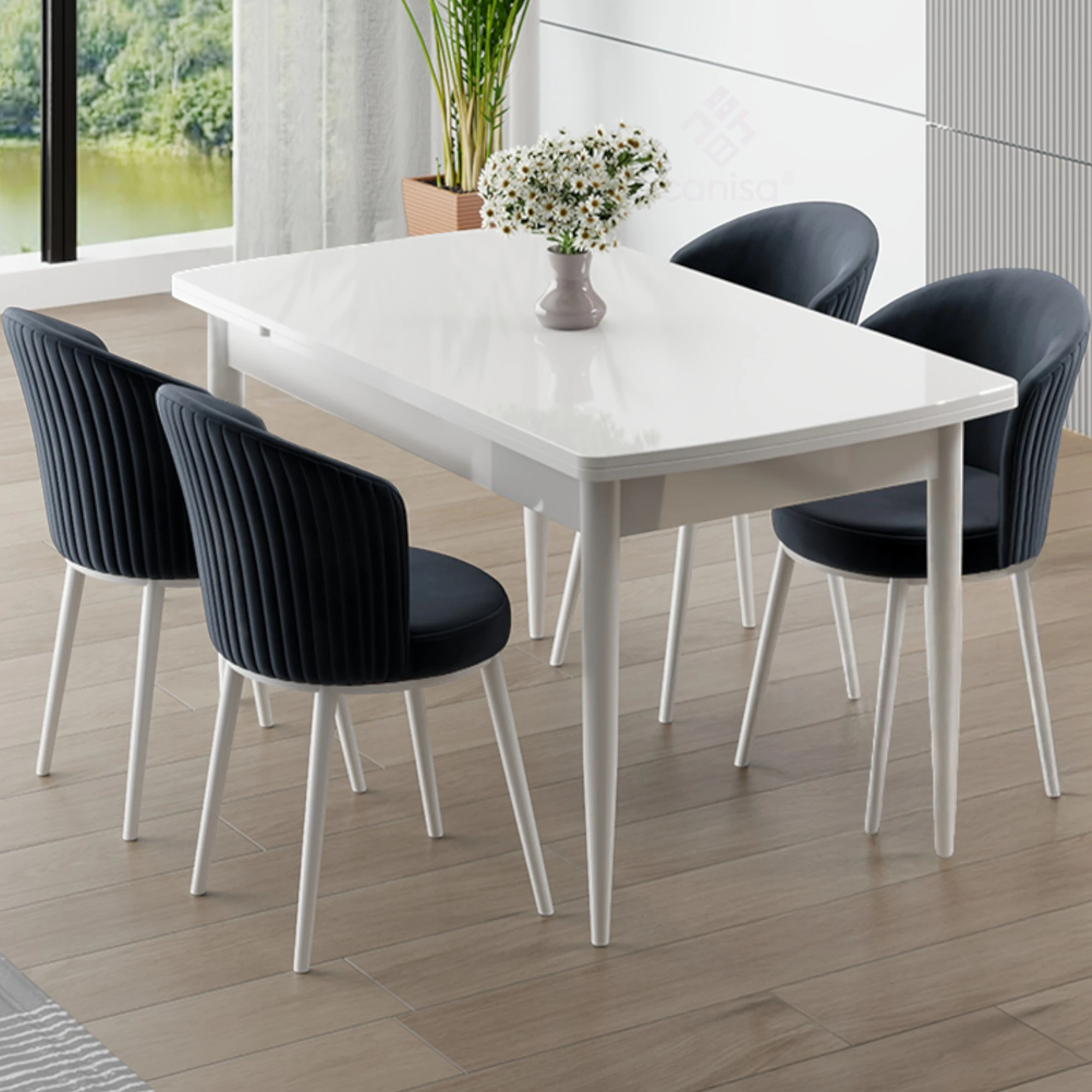 Asfel Serisi MDF 77x130 Beyaz Yandan Açılabilir Mutfak Masa Takımı 4 Sandalye