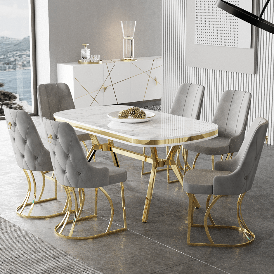 Epal Serisi 90x168 Lak Panel Beyaz Mermer Desen Masa ve 6 Sandalye Gold Kaplama Ayak