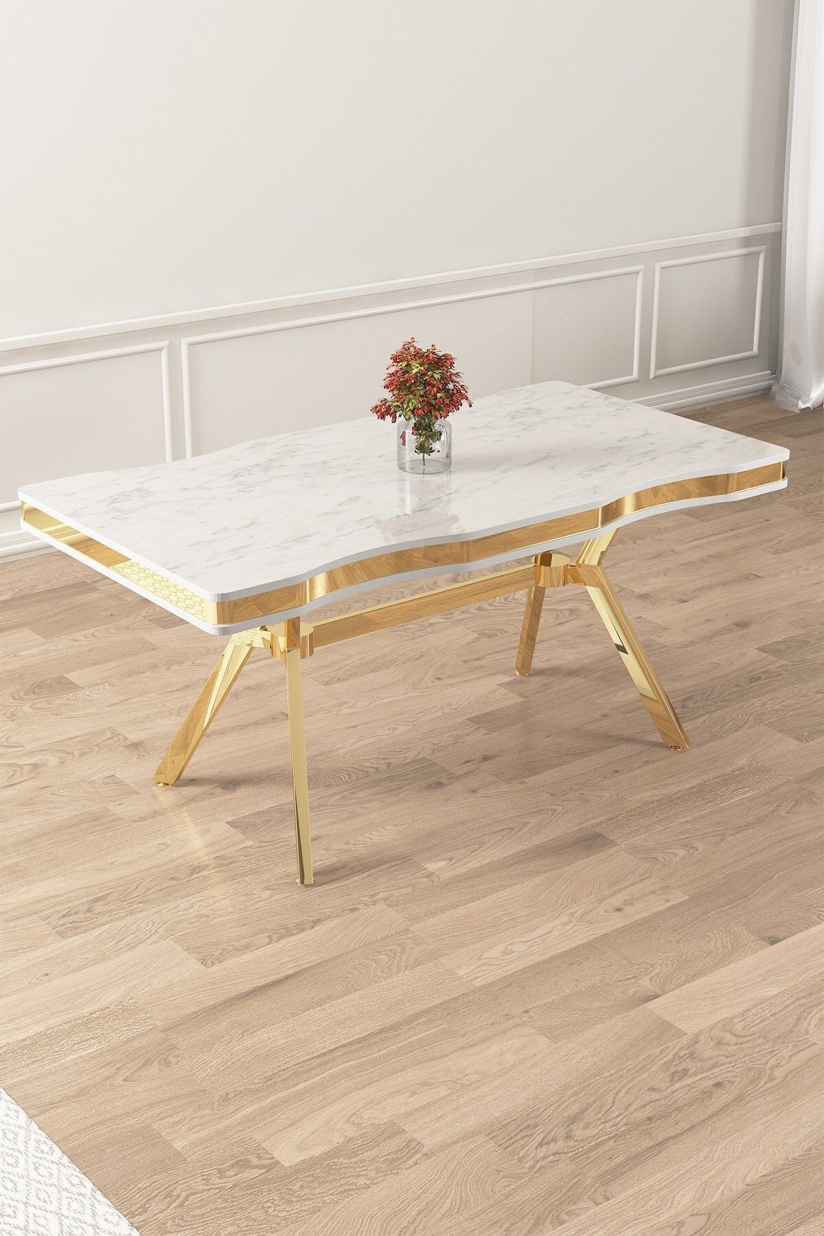 Vae Serisi 90x160 Lak Panel Beyaz Mermer Desen Masa ve 6 Sandalye Gold Kaplama Ayak