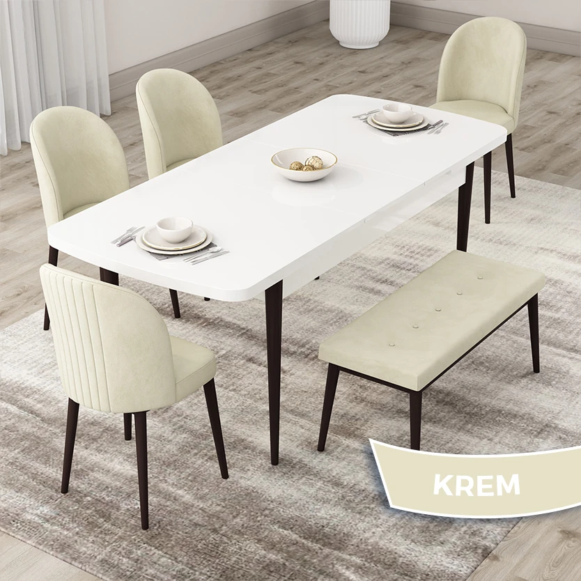 beyaz masa ayakları ceviz sandalye krem