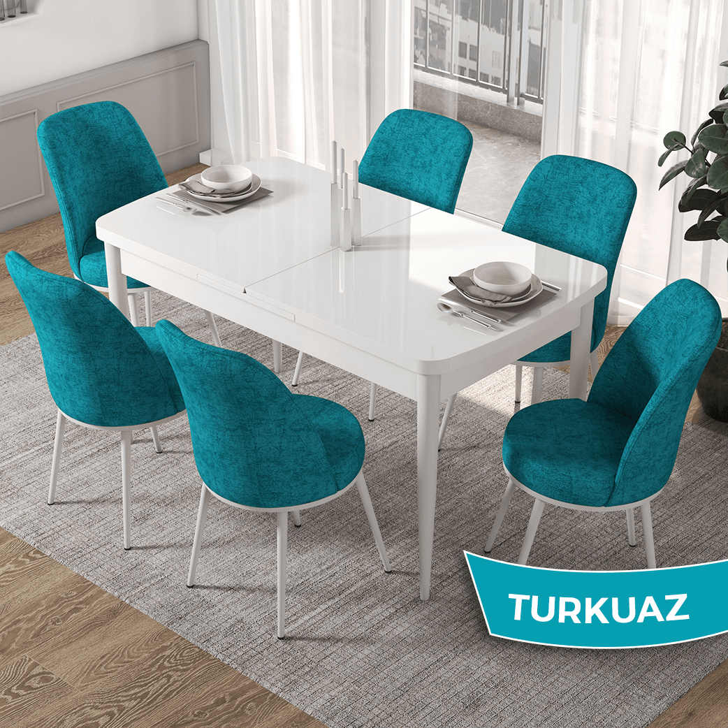 masa beyaz sandalyeler turkuaz ayak beyaz