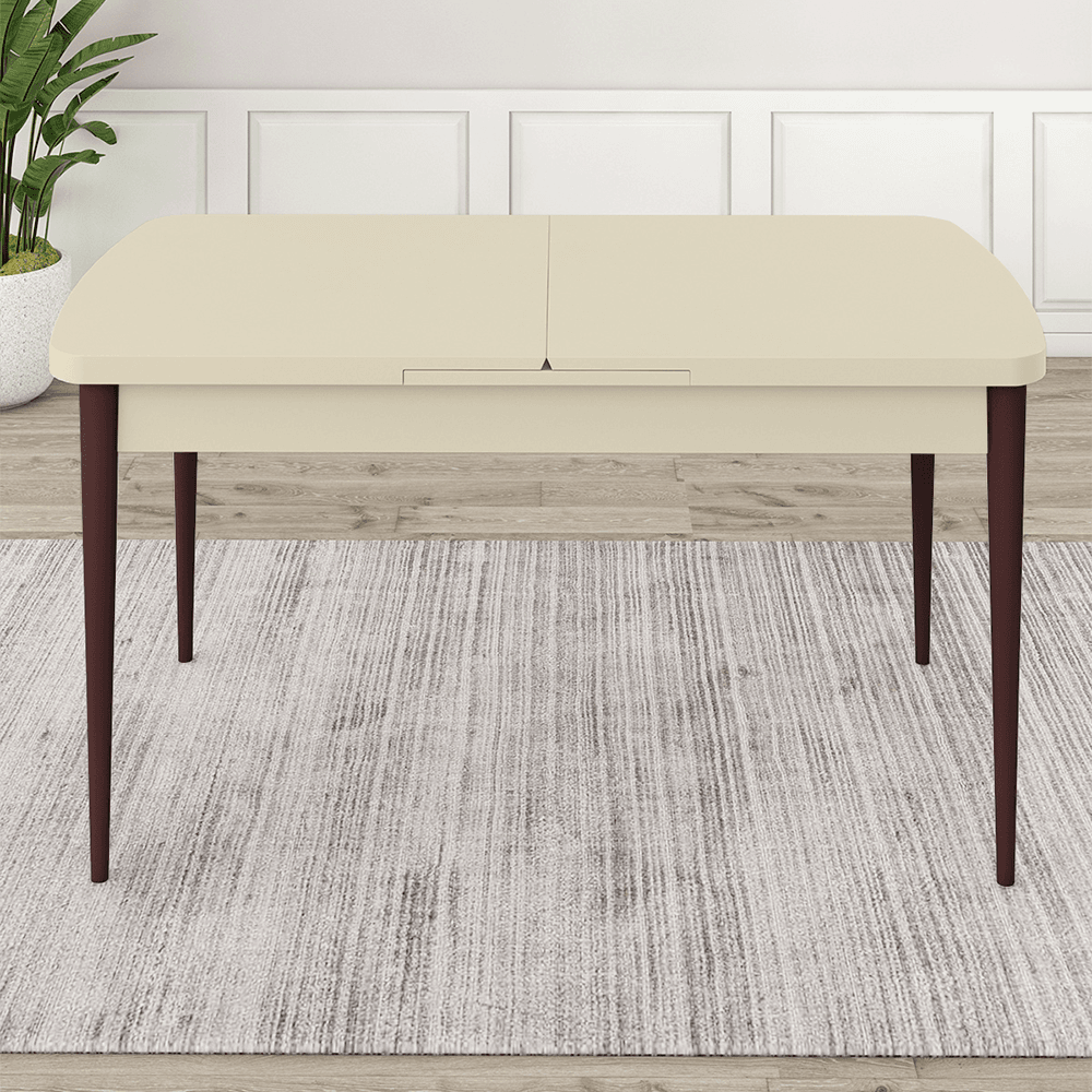 Roz Serisi 80x132 Mdf Açılabilir Gold Halka Krem Masa Ceviz Ayak Masa Takımı Ve 6 Sandalye