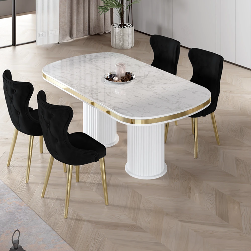 Beyaz Mermer Desen Masa Siyah Sandalye Gold Ayak