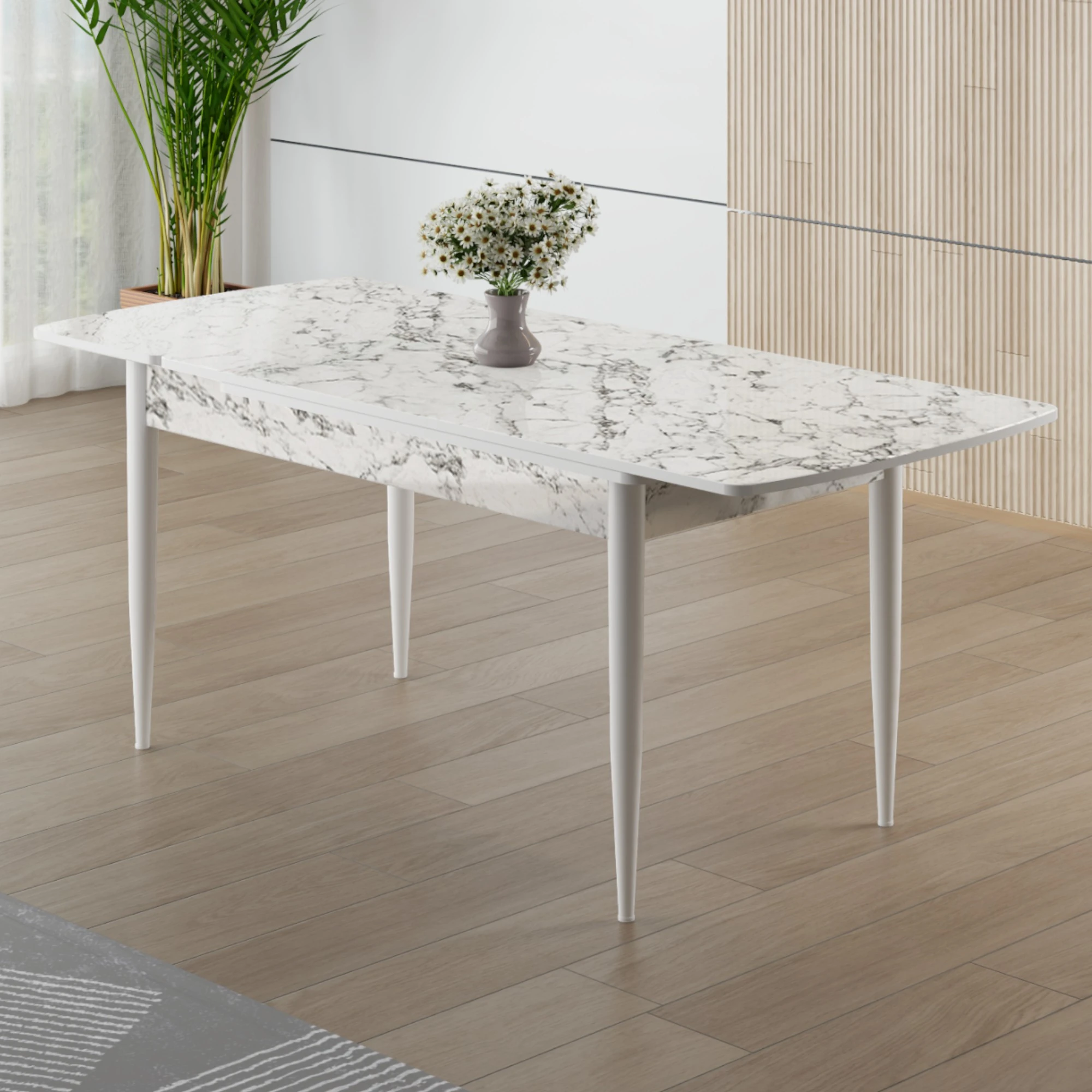  Asfel Serisi MDF 77x130 Beyaz Mermer Desen Yandan Açılabilir Mutfak Masa Takımı 4 Sandalye