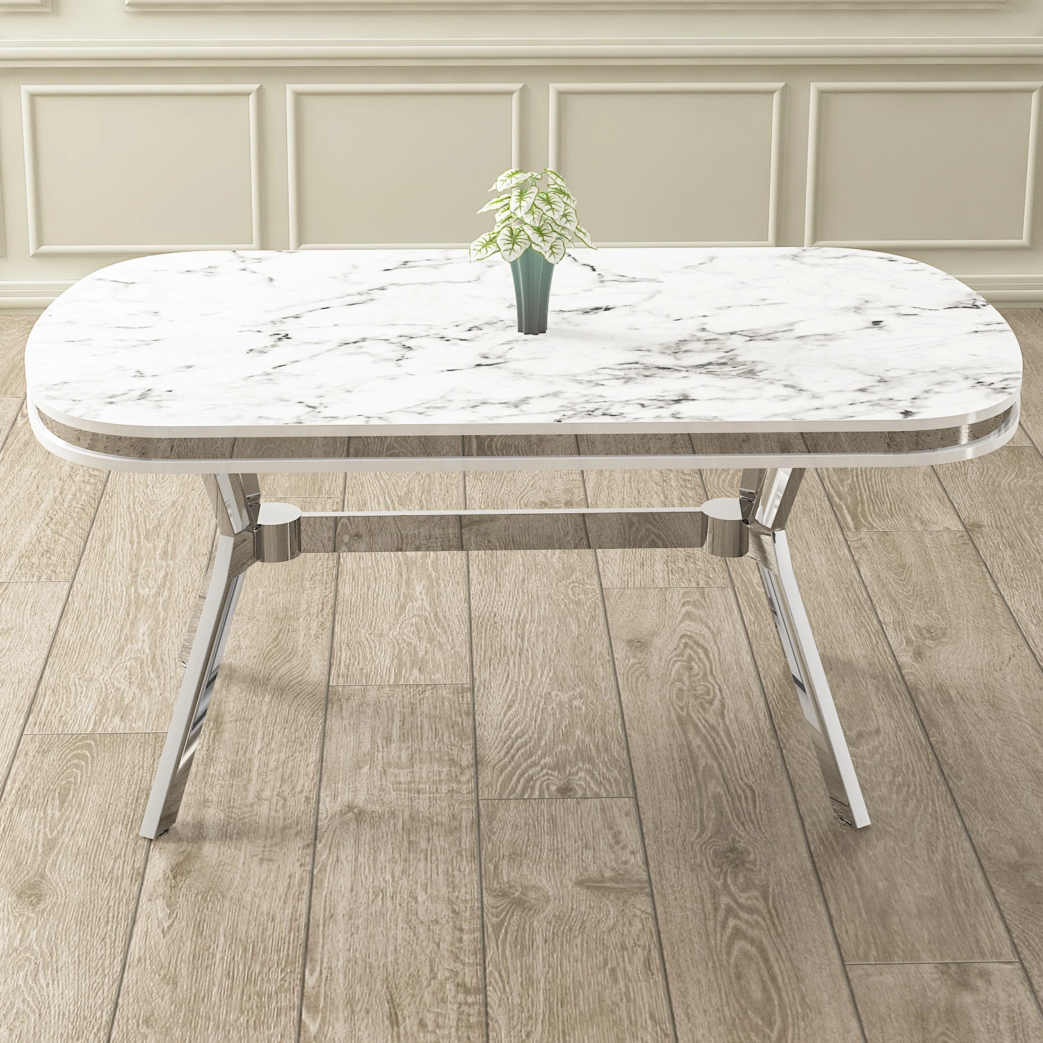 Olya Serisi 90x168 Lak Panel Beyaz Mermer Desen Masa Takımı Krom Ayaklı 4 Sandalye