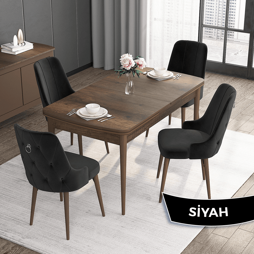 Siyah Sandalye Barok Ahşap Desen Masa