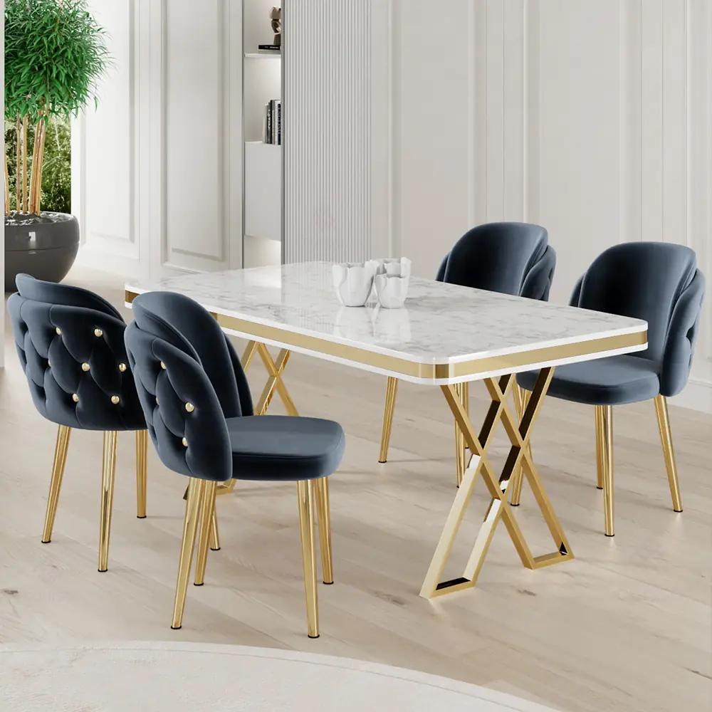 Rigel Serisi 80x130 Lak Panel Beyaz Mermer Desen Masa ve 4