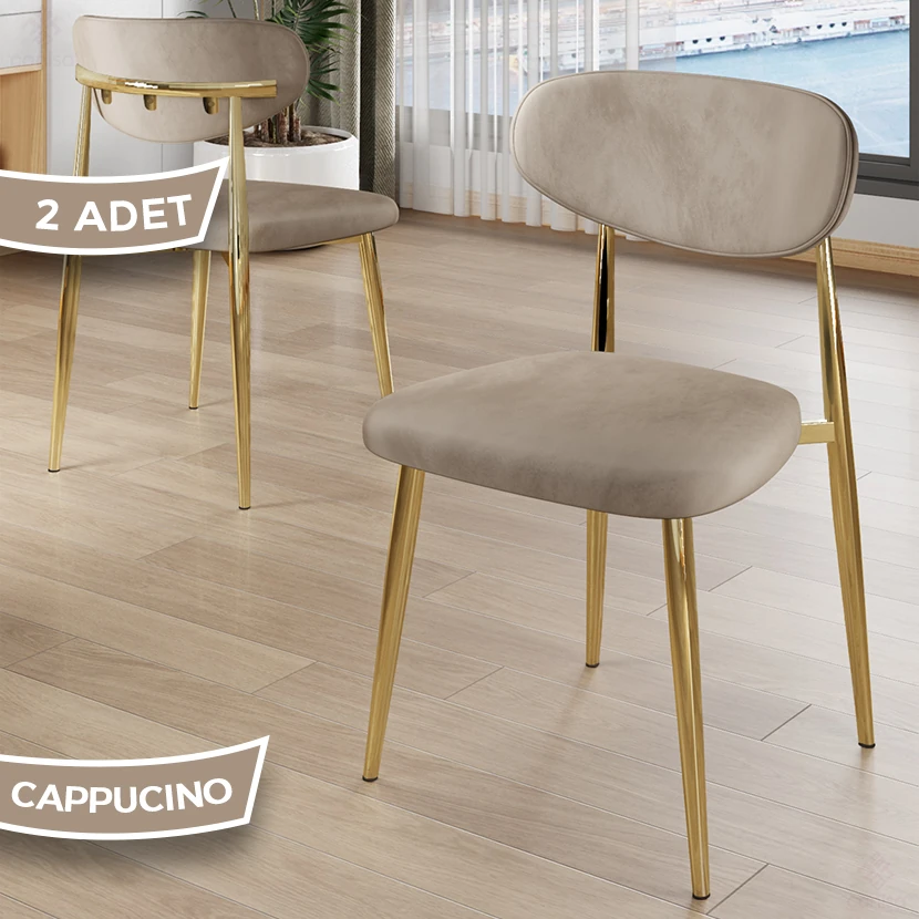  Laos Serisi 2 Adet Mutfak Sandalyesi Gold Kaplama Metal Ayak 1.Sınıf Babyface Kumaş