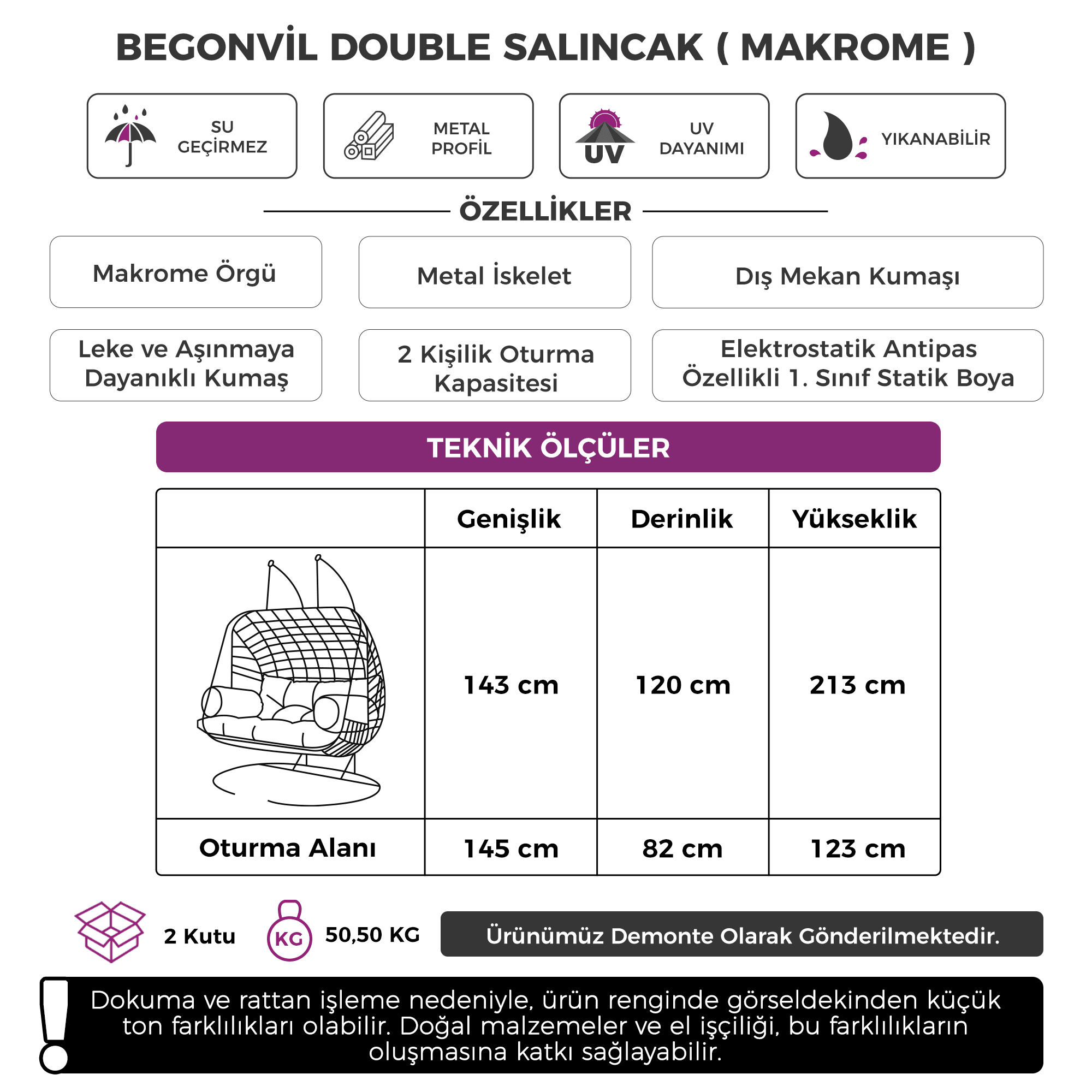 Begonvil Serisi Çift Kişilik Gri Makrome Örgü, Krem Minder Salıncak