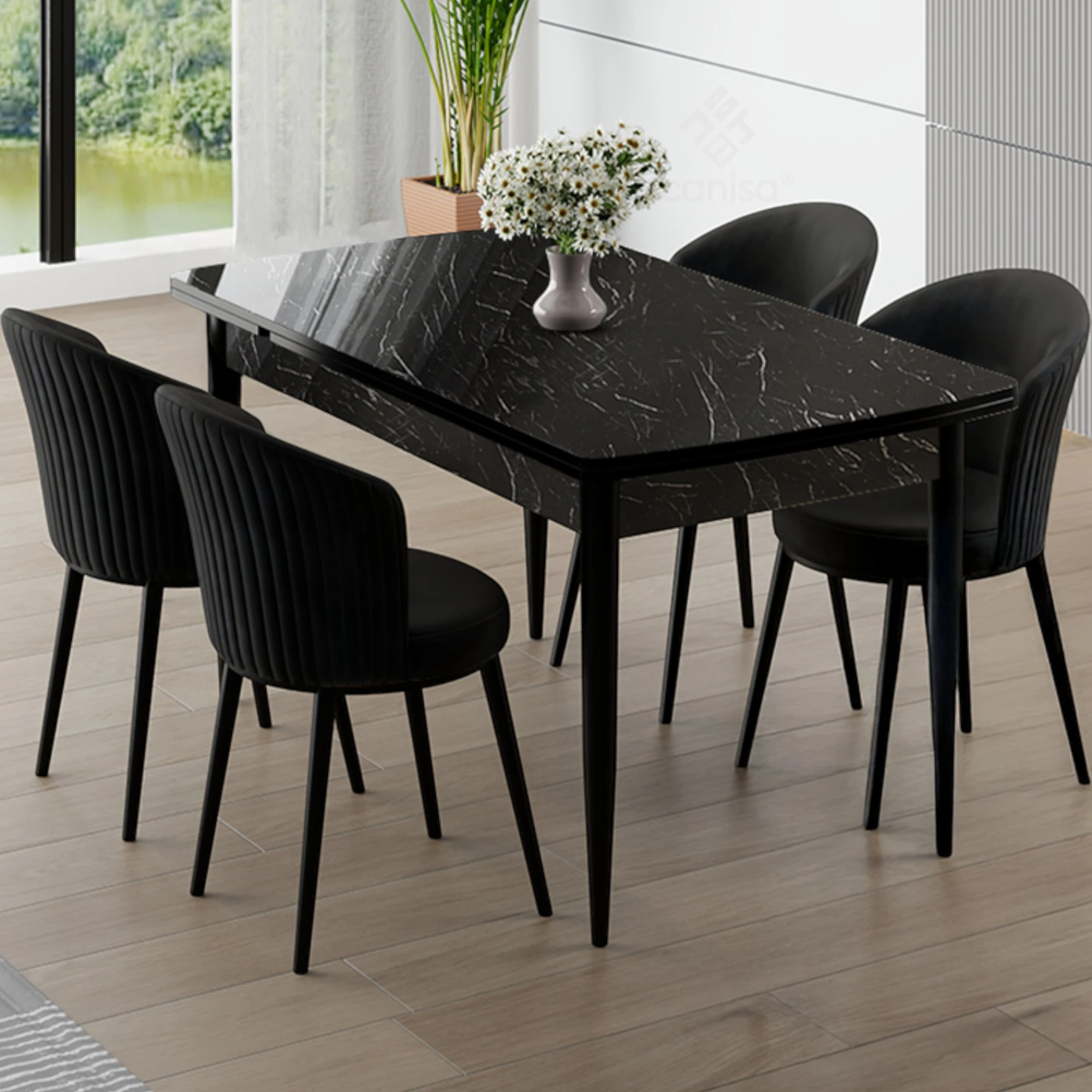 Siyah Mermer Desen Masa Siyah Sandalye