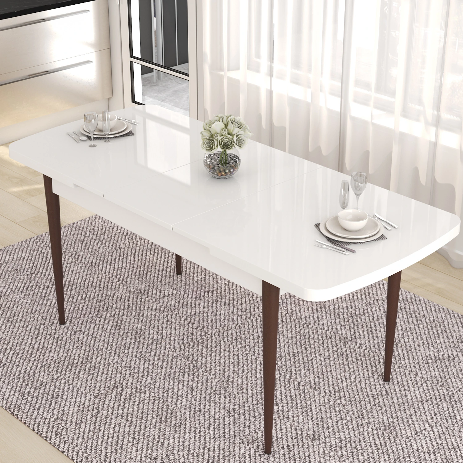 Taç Serisi 80x132 Açılabilir Gold Halka Beyaz Masa Ceviz Ayak Masa Takımı ve 4 Sandalye