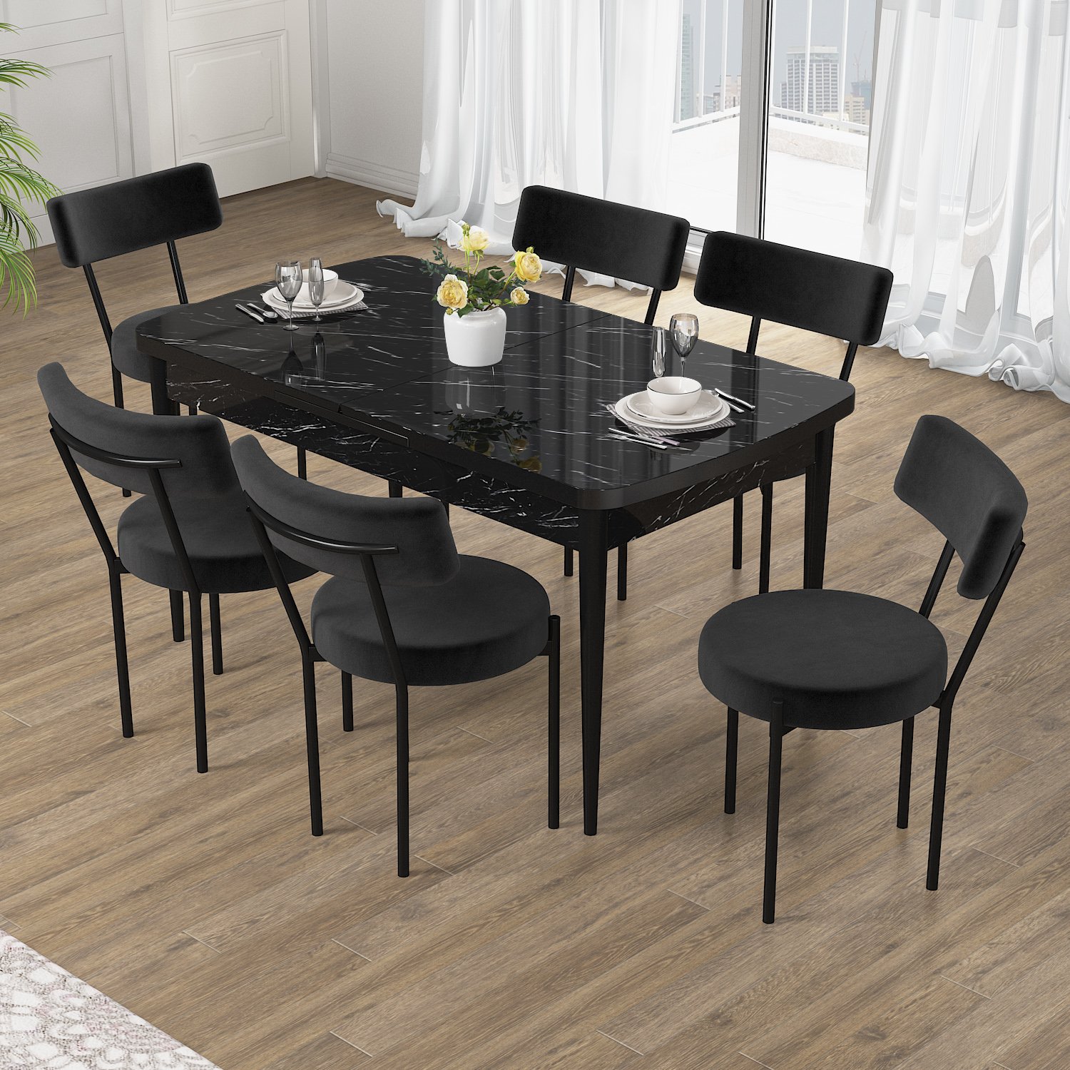 Puka Serisi 80x132 Açılabilir Siyah Mermer Desen Masa Takımı ve 6 Sandalye