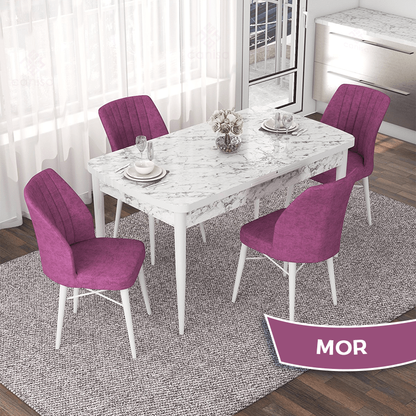 masa beyaz mermer desen sandalye mor