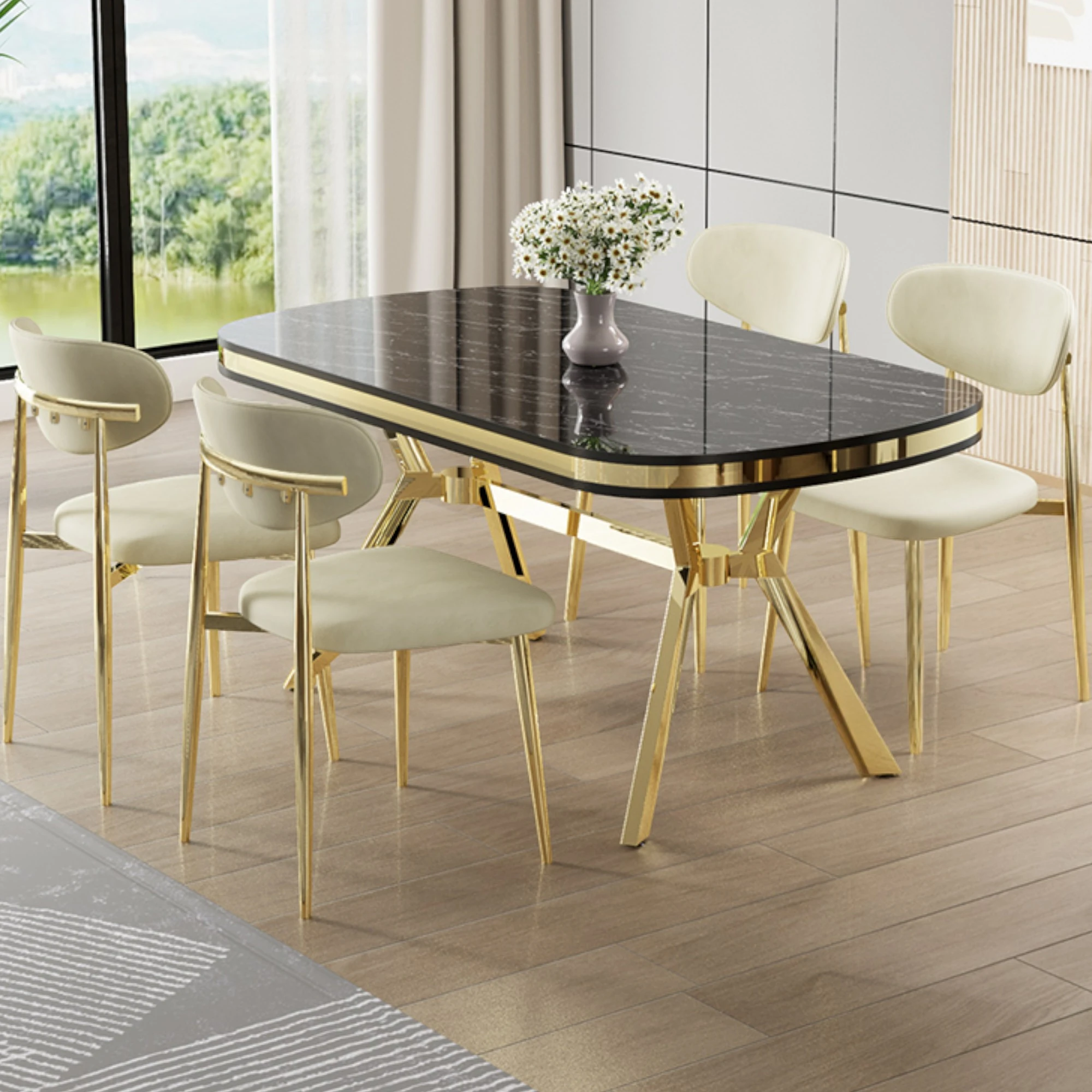 Olya Serisi 90x168 Lak Panel Sonata Masa Takımı Gold Ayaklı 4 Sandalye