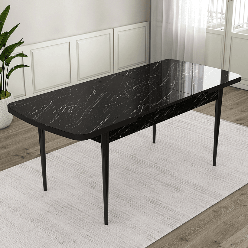 Jul Serisi 80x132 Açılabilir Siyah Mermer Desen Mutfak Masası Takımı 4 Sandalye Ve 1 Bench