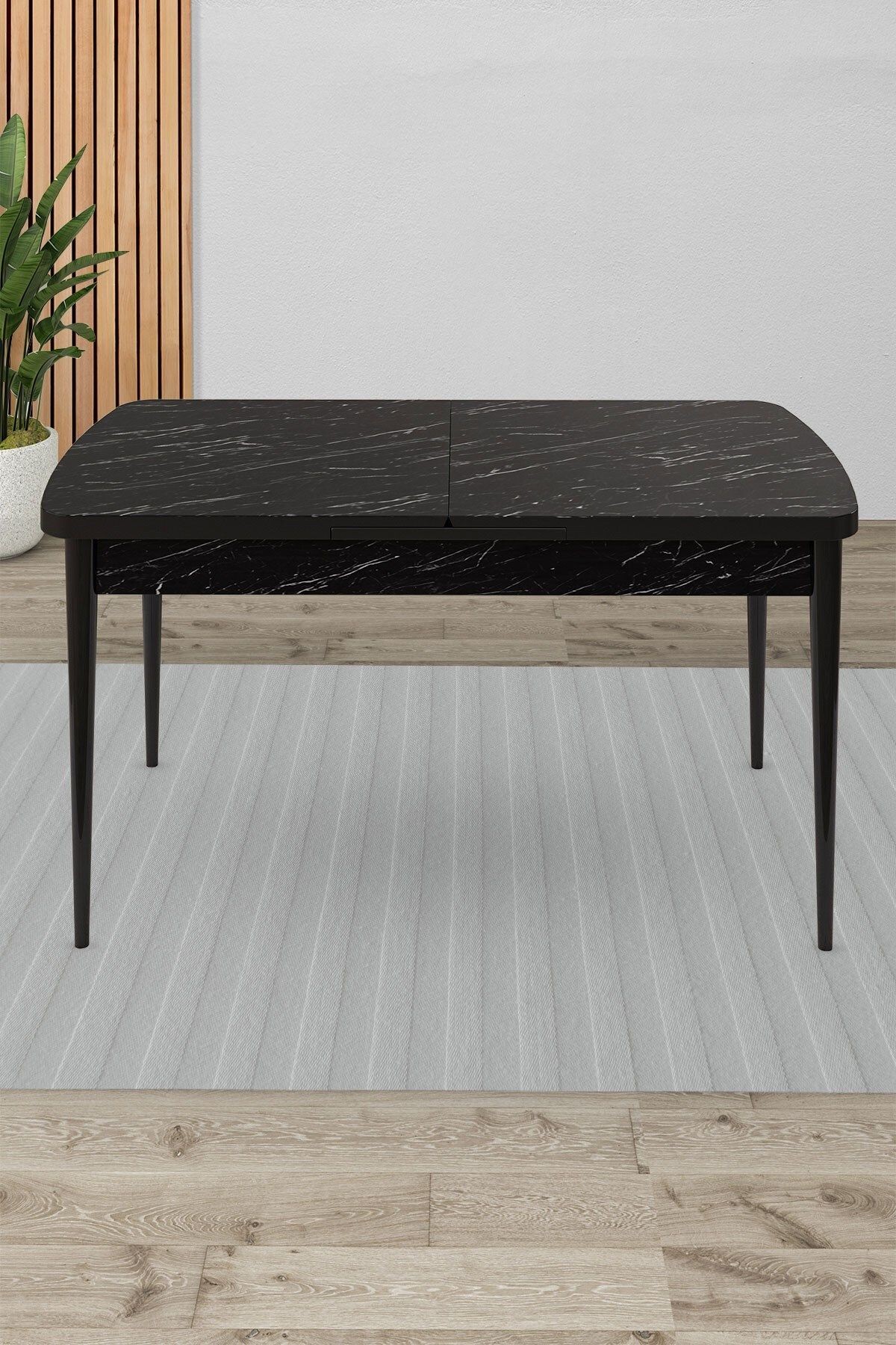 Siyah Mermer Desen 80x132 Açılabilir Yemek Masası Ahşap Ayak