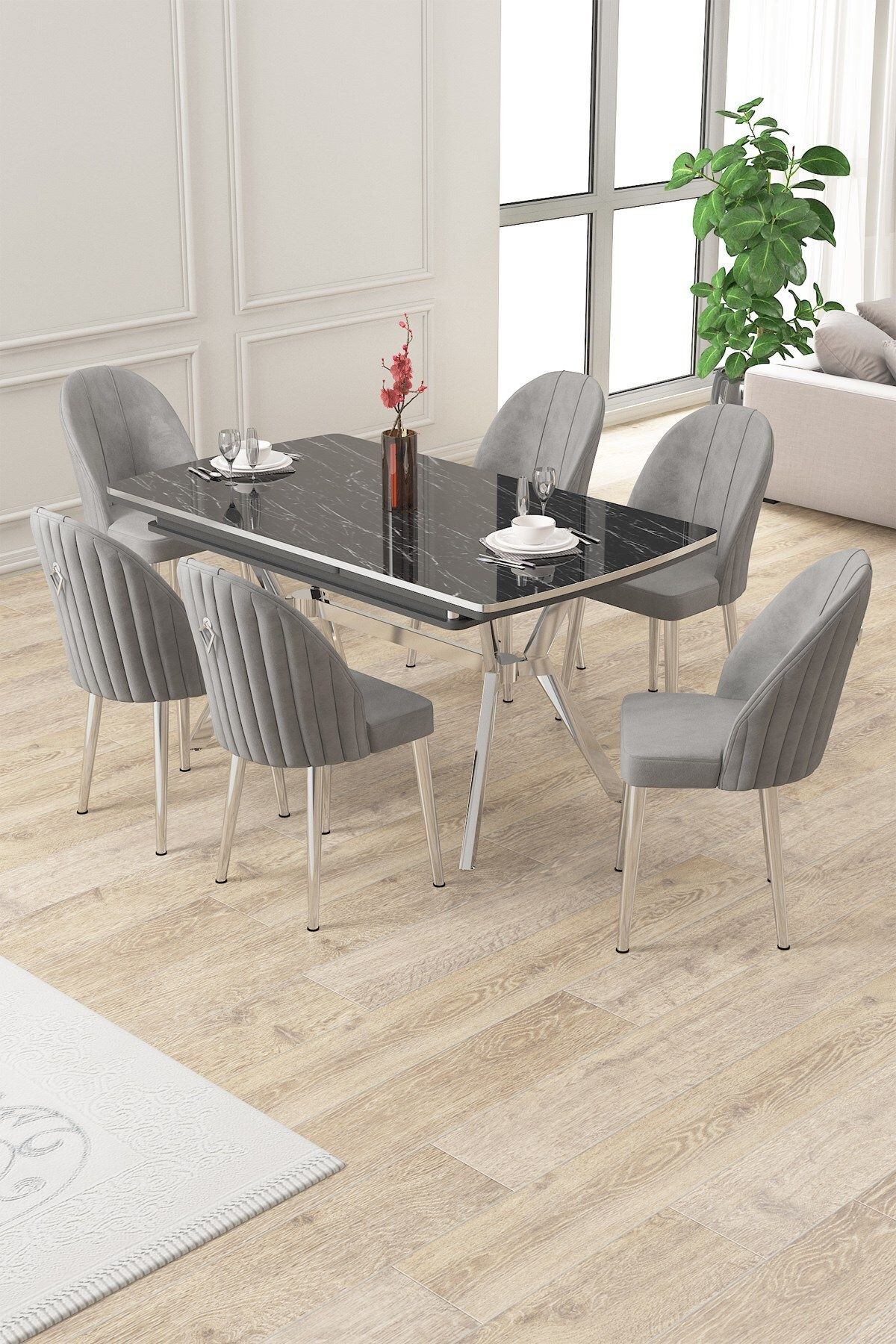 Sim Serisi 89x150 Açılabilir Lak Panel Sonata Masa ve 6 Sandalye Krom Kaplama Ayak
