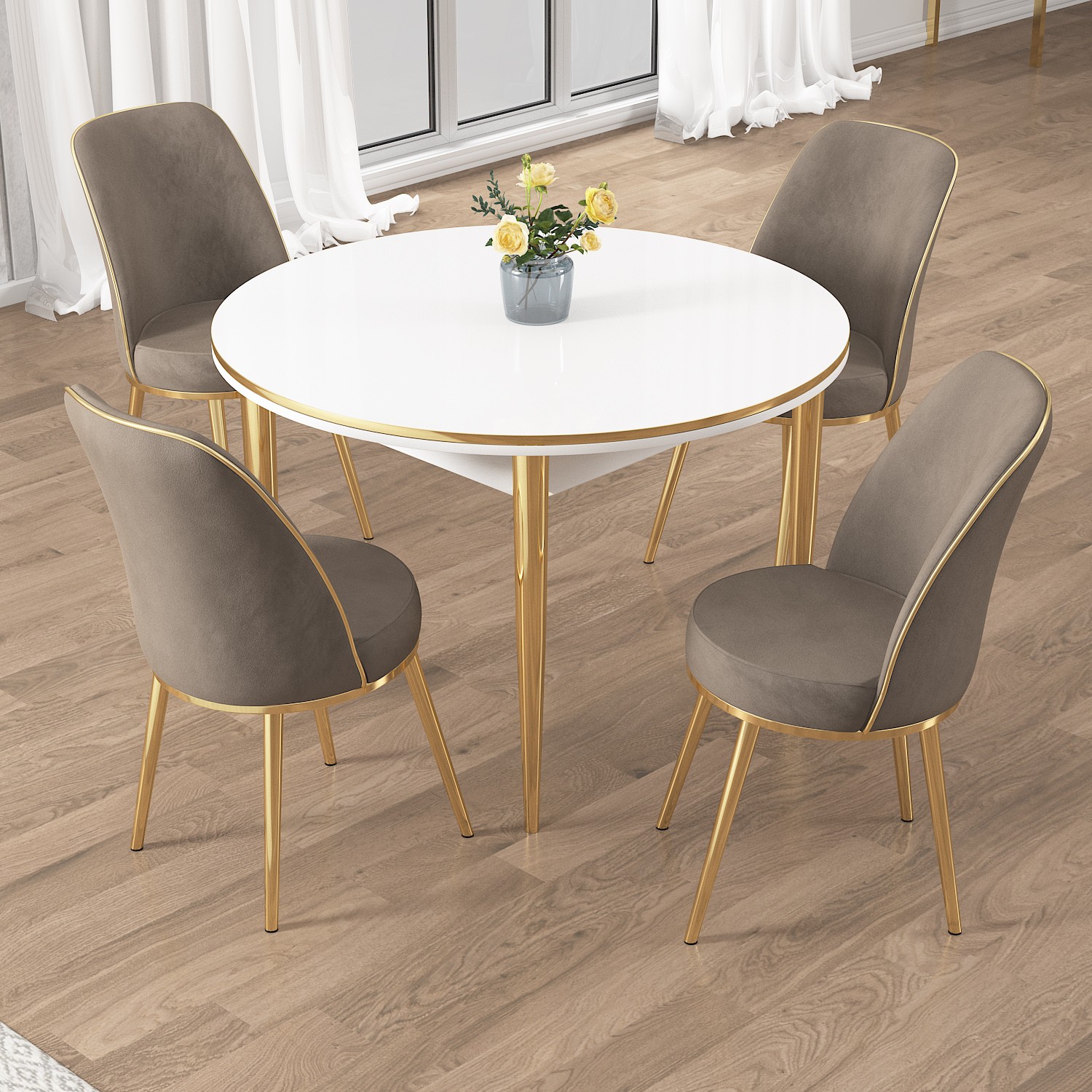 Osle Serisi 90x90 Sabit Yuvarlak Gold Ayak Beyaz Masa Takımı Ve 4 Sandalye