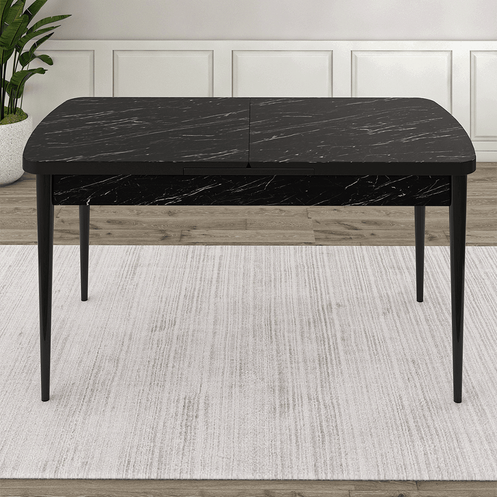 Roe Serisi 80x132 Açılabilir Siyah Mermer Desen Masa Takımı 4 Sandalye Ve 1 Bench