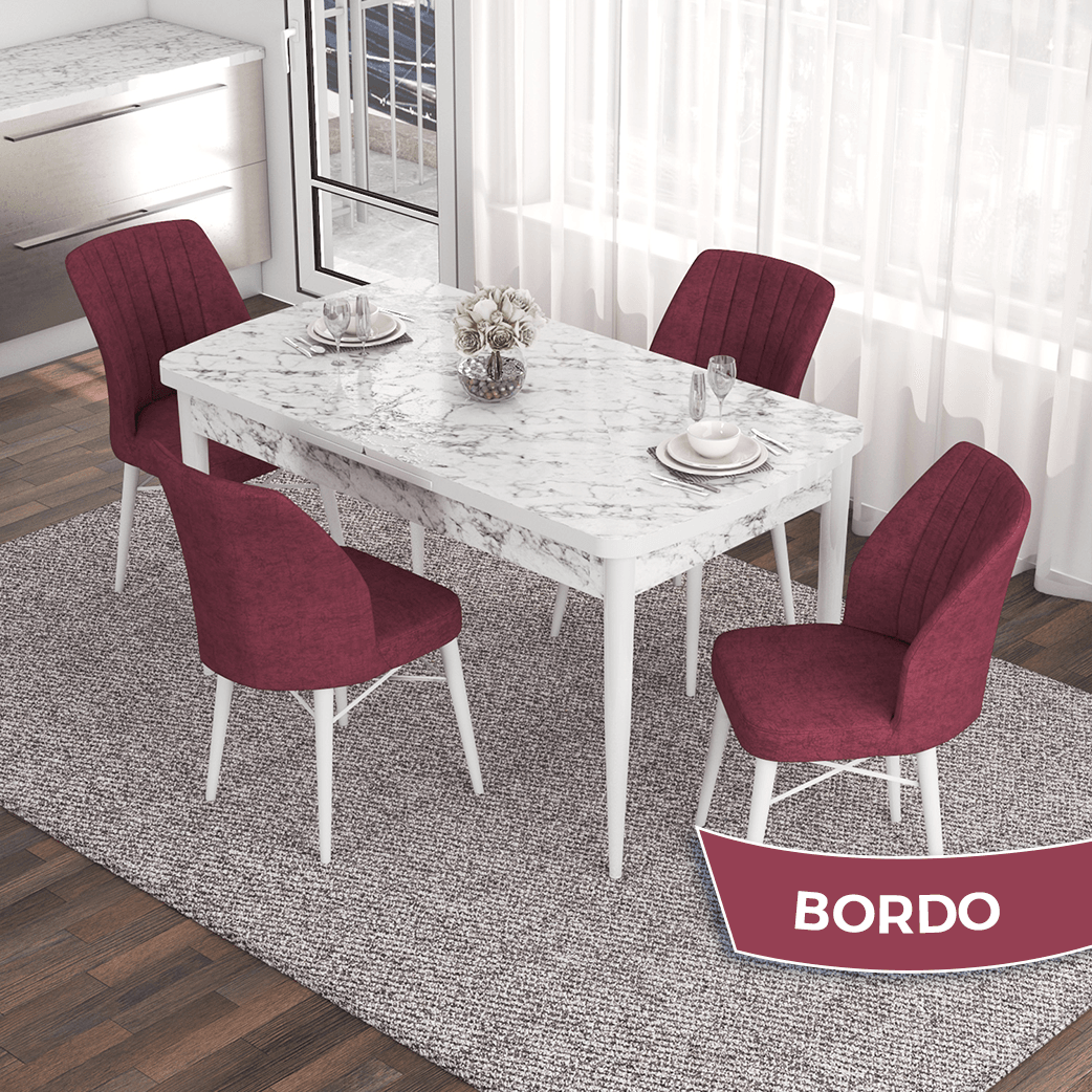 beyaz mermer desen masa, bordo sandalye