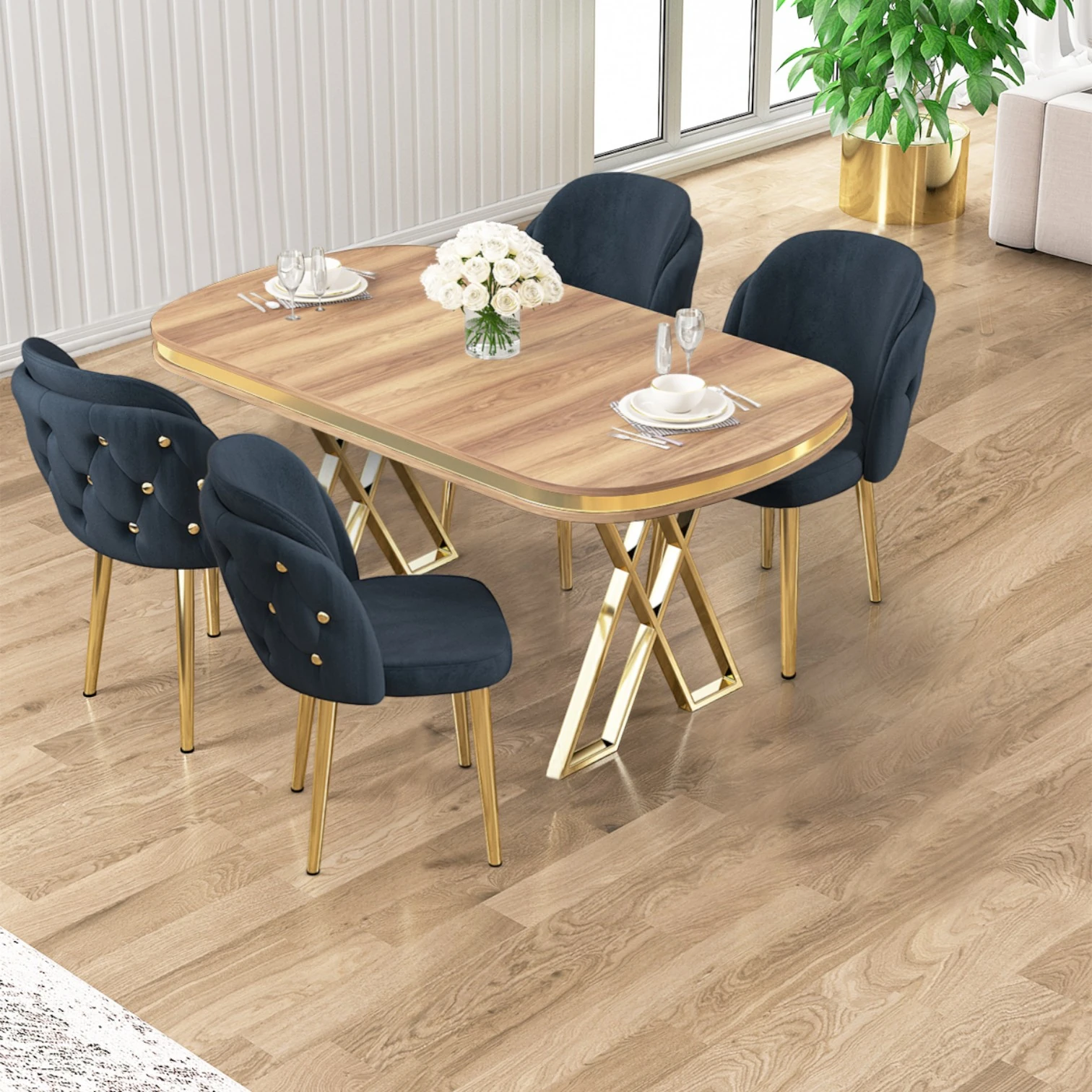 Zae Serisi 90x168 Lak Panel Hazar Gold Ayak Masa Takımı 4 Sandalye