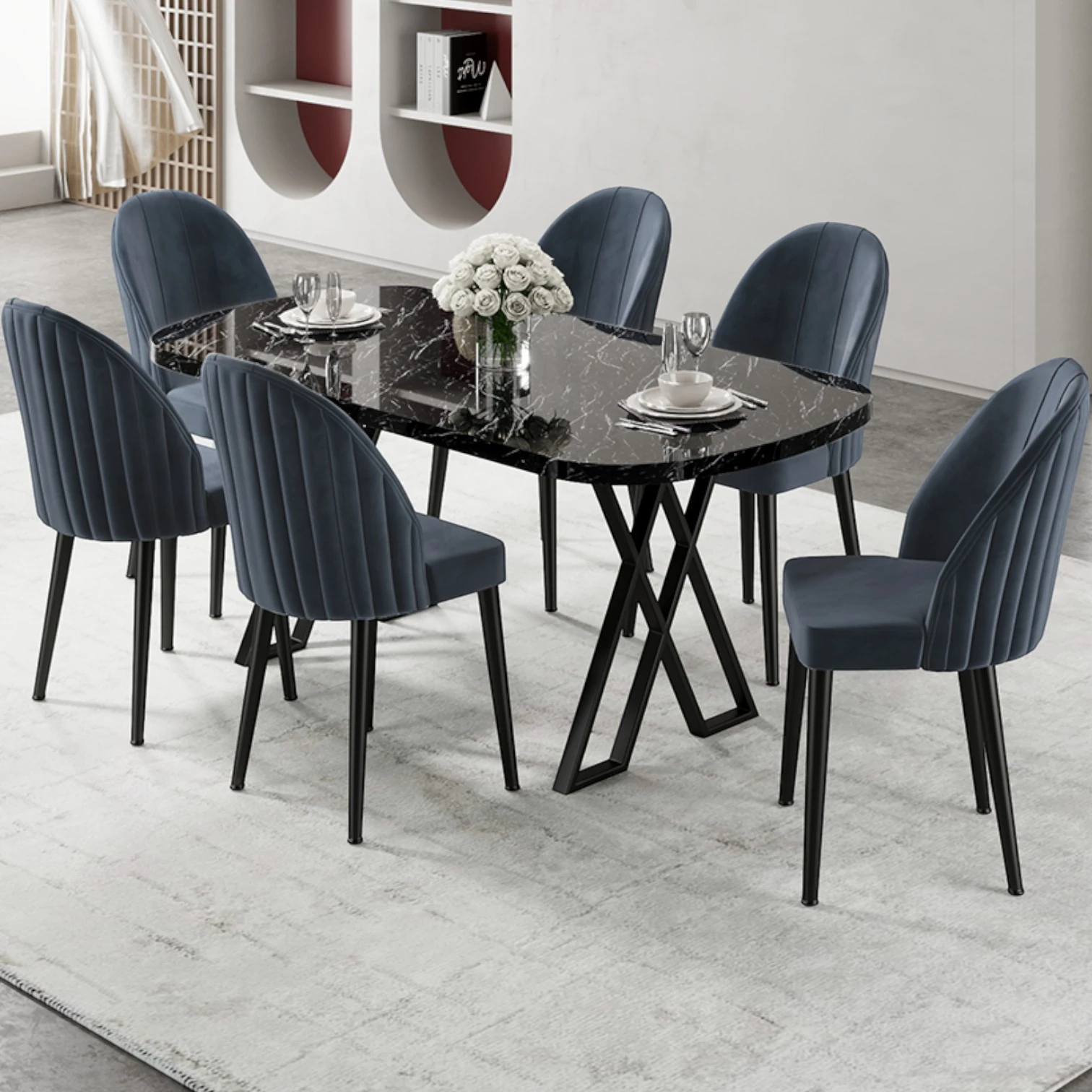 Siyah Mermer Desen Masa Antrasit Sandalye