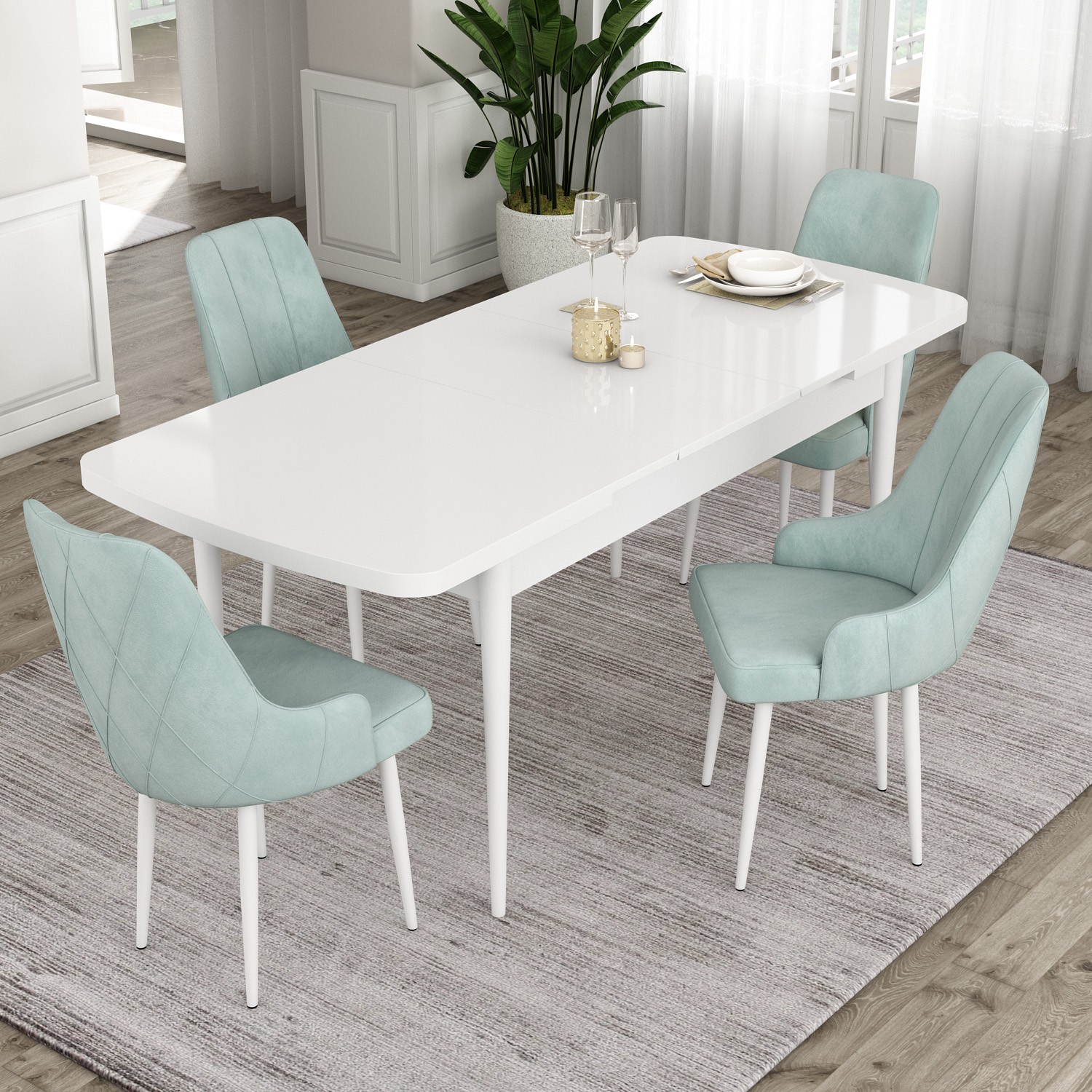 Ram Serisi 80x132 Açılabilir Beyaz Masa Takımı ve 4 Sandalye