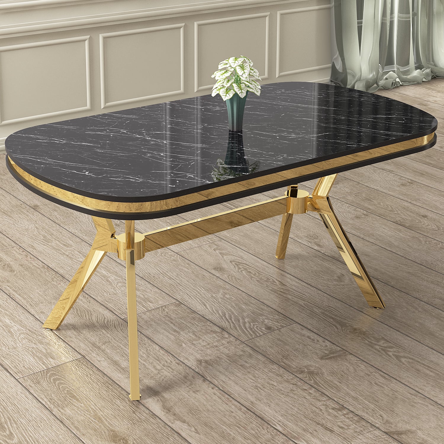 Epal Serisi 90x168 Lak Panel Sonata Masa ve 6 Sandalye Gold Kaplama Ayak