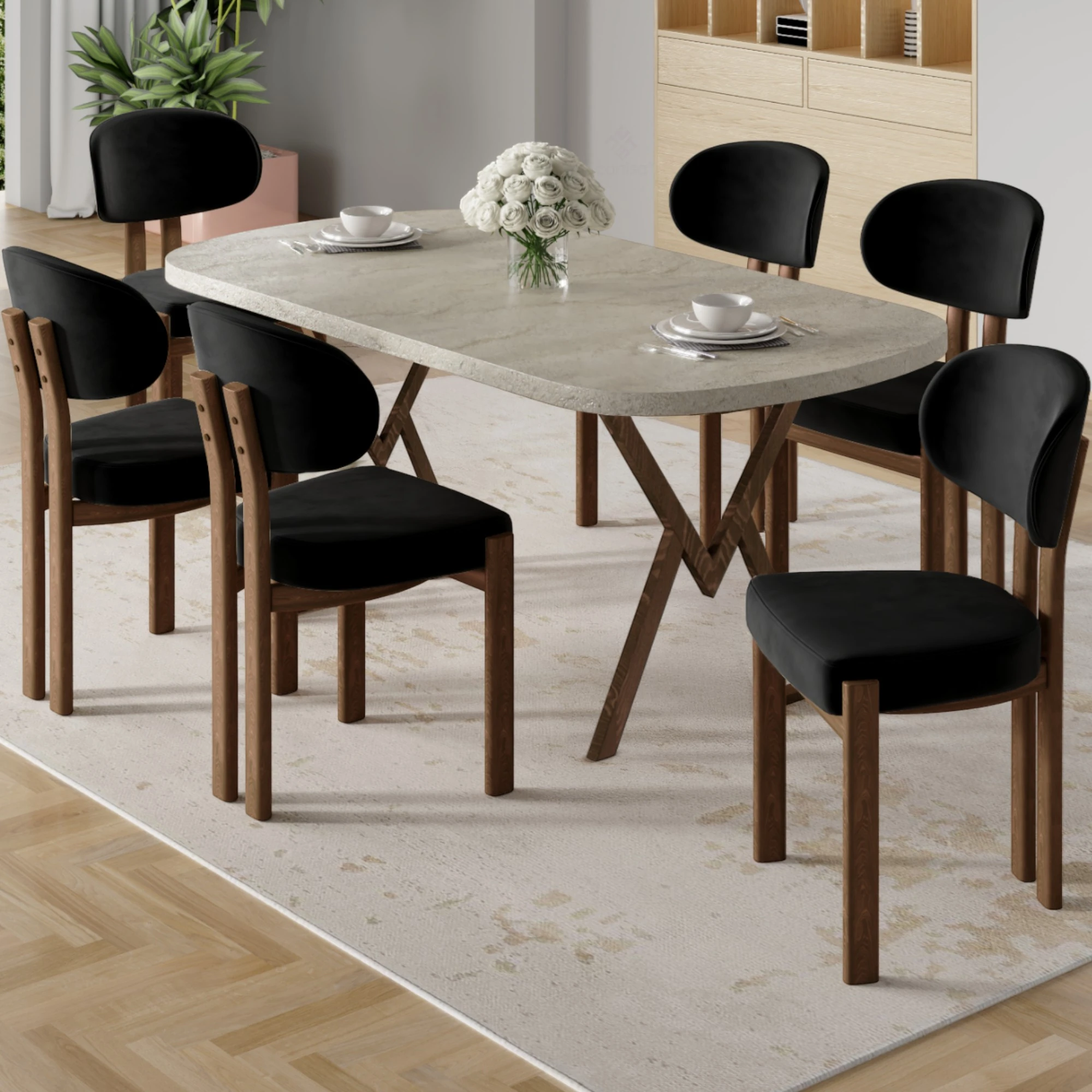 Radon Serisi MDF 90x168 Sabit Traverten Mutfak Masa Takımı 6 Sandalye
