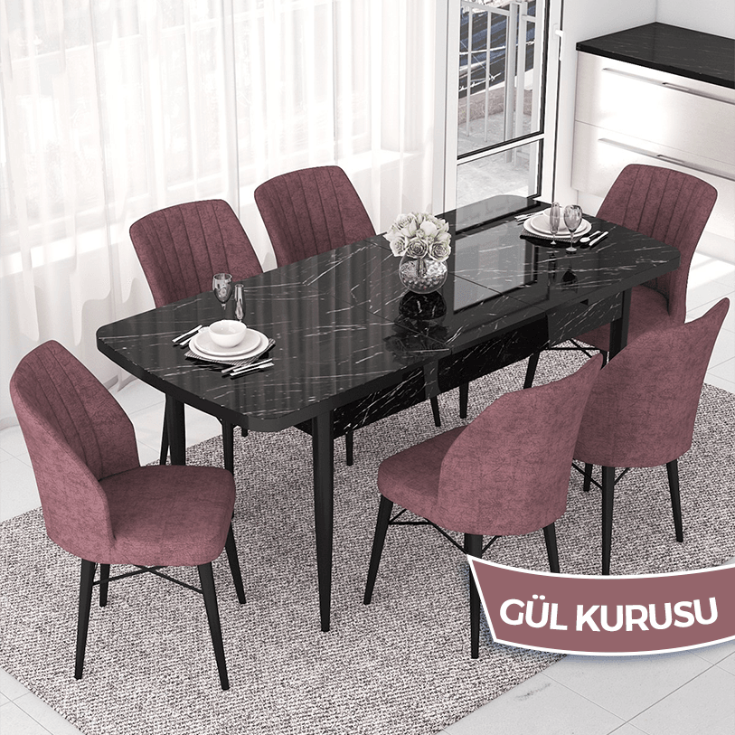 masa siyah mermer desen sandalye gülkurusu