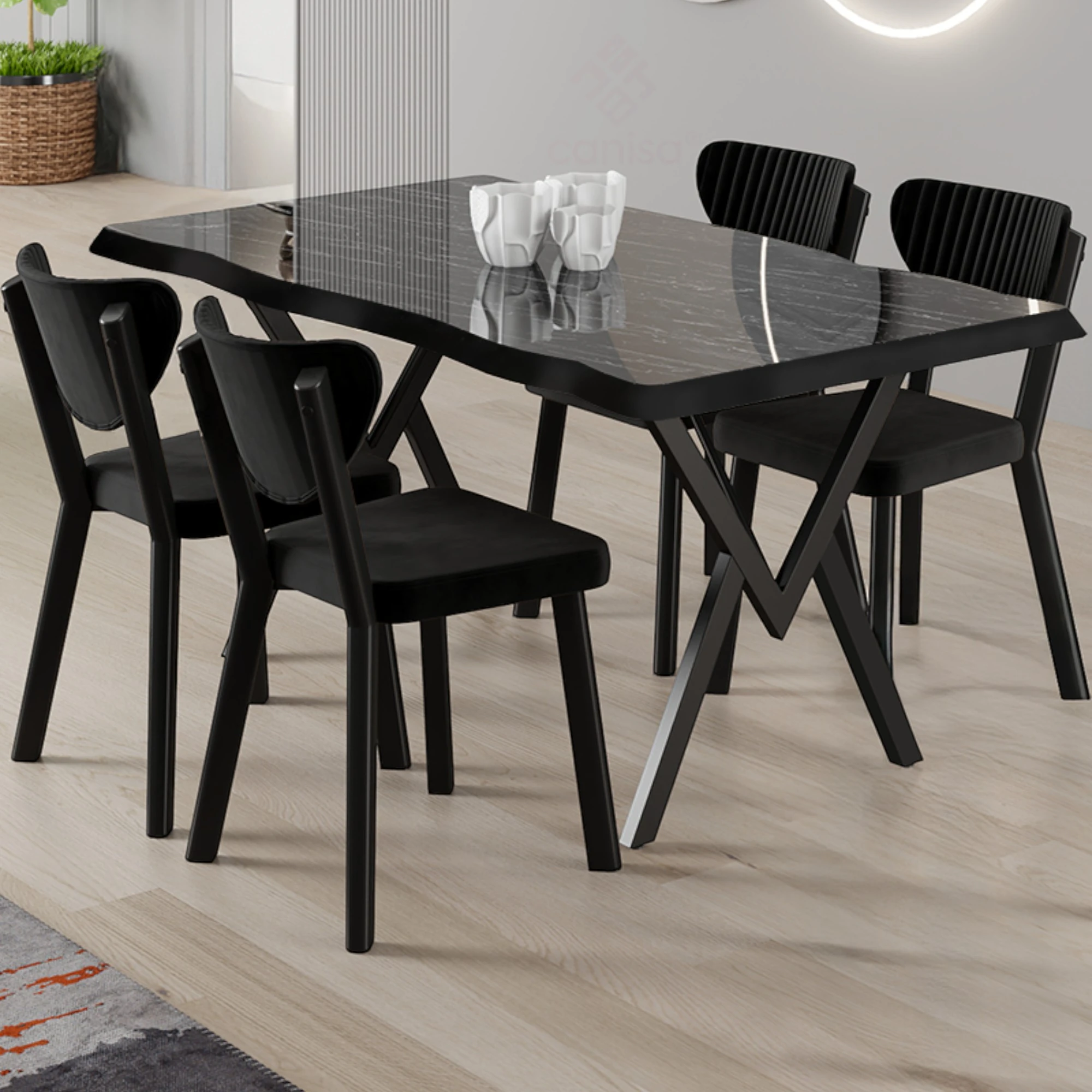 Siyah Mermer Desen Masa Siyah Sandalye