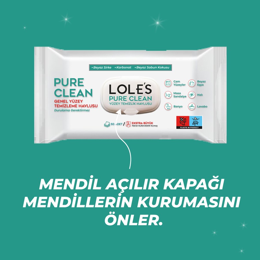 LOLE'S YÜZEY TEMİZLİK HAVLUSU - PURE CLEAN Beyaz Sabun Kokulu 50 Adet