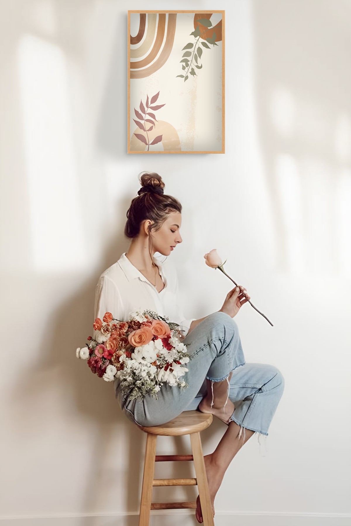Modern Minimalist Ahşap Çerçeveli Soyut Yaprak Desenli Duvar Tablosu