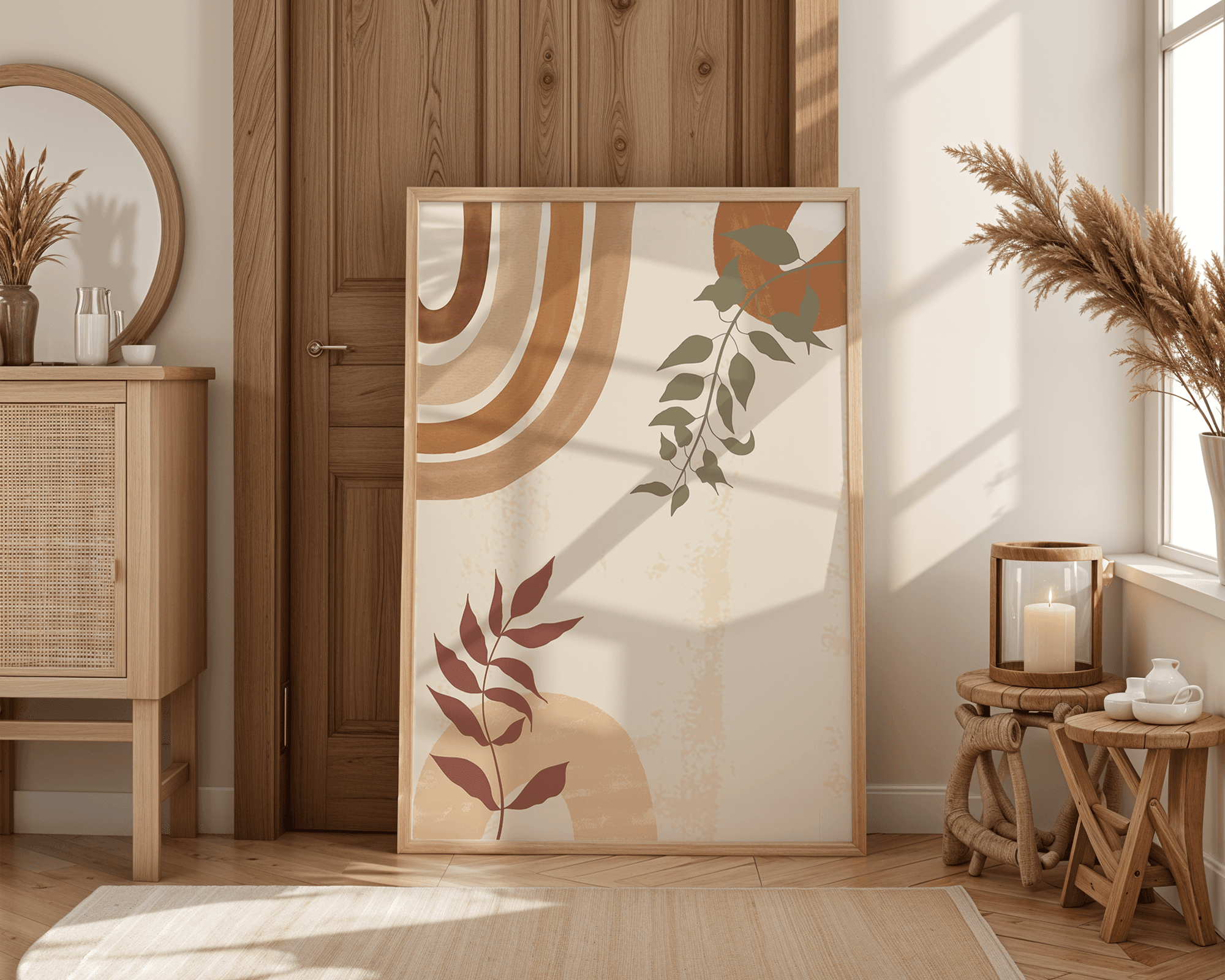 Modern Minimalist Ahşap Çerçeveli Soyut Yaprak Desenli Duvar Tablosu