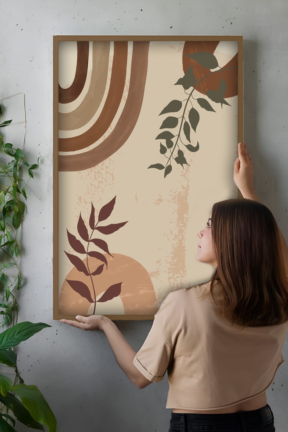 Modern Minimalist Ahşap Çerçeveli Soyut Yaprak Desenli Duvar Tablosu