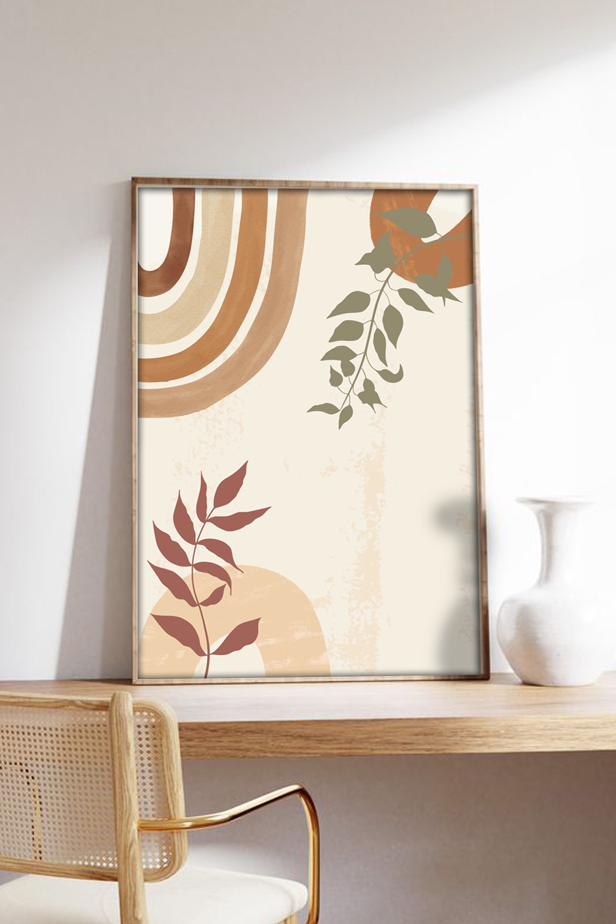 Modern Minimalist Ahşap Çerçeveli Soyut Yaprak Desenli Duvar Tablosu